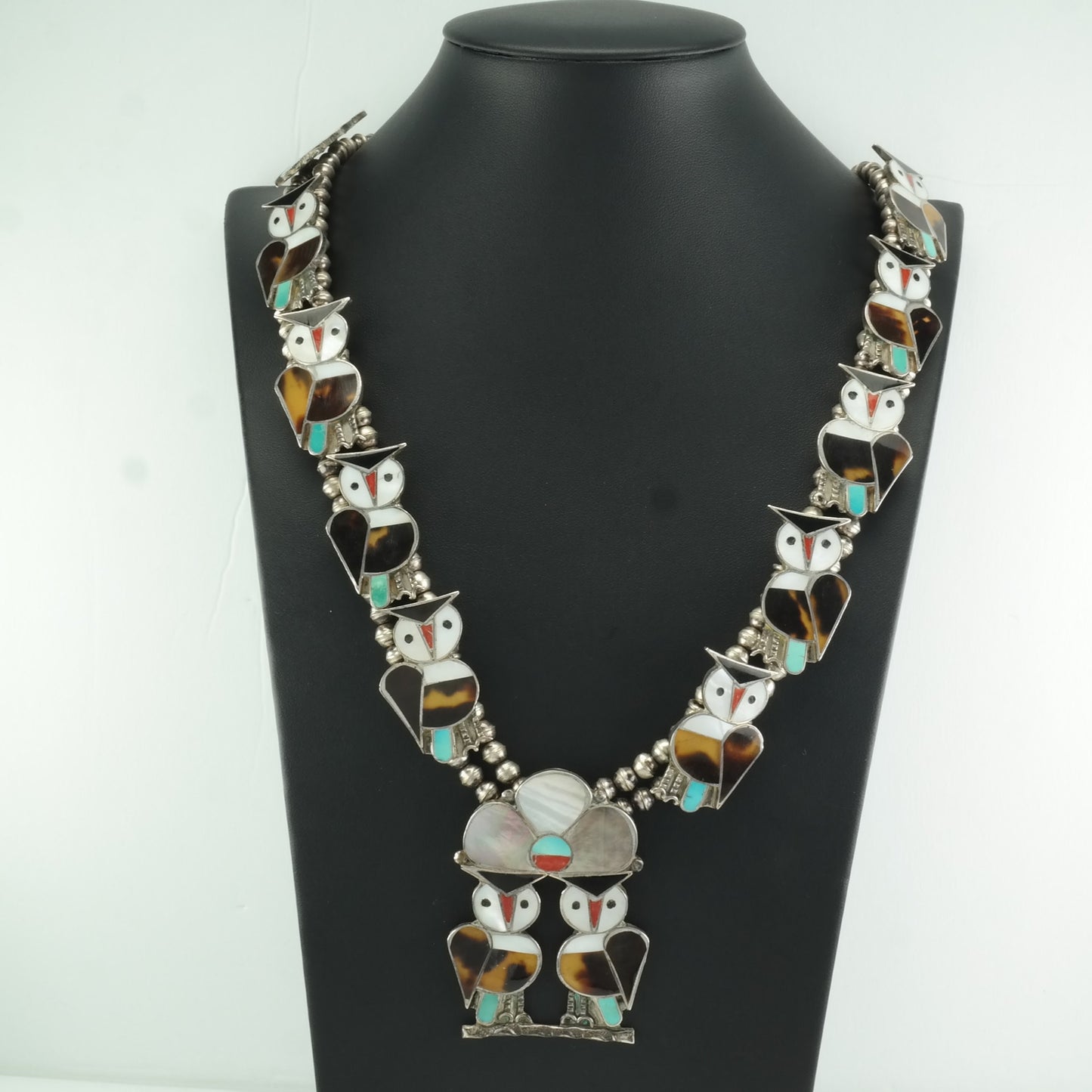 Zuni Owl Inlay Squash Blossom Native American Sterling Silver Necklace