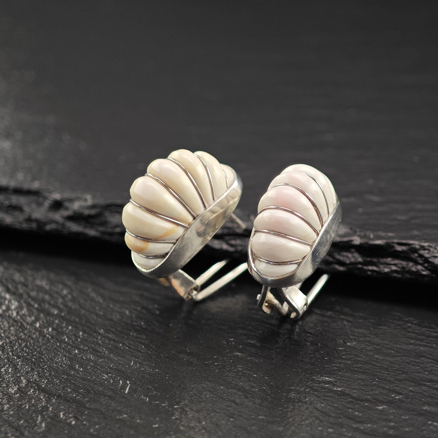 Cerro Blanco White Shell Scallop Earrings in Sterling Silver - Elegant Omega Back Design