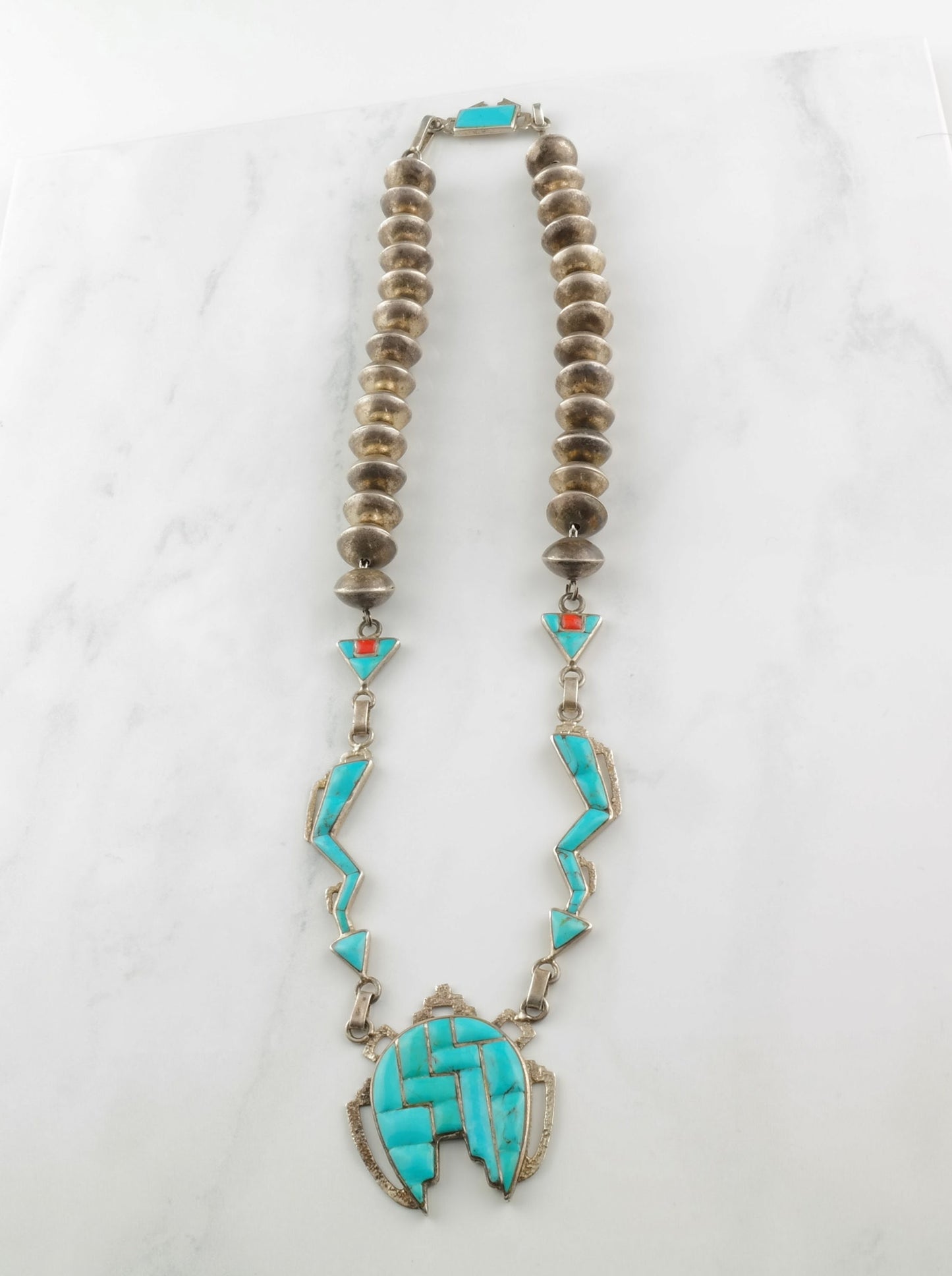 Native American Inlay Necklace Sterling Silver Blue Turquoise Coral