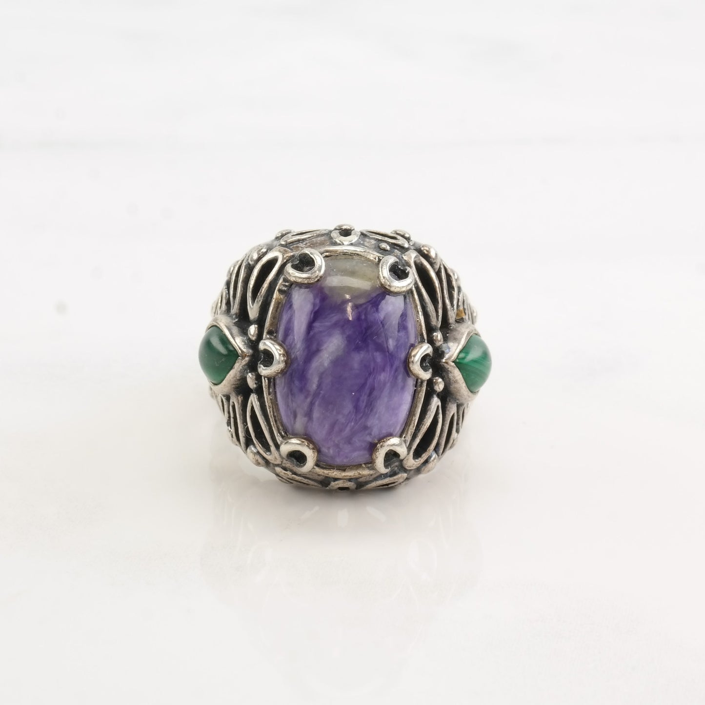 Vintage Carolyn Pollack Silver Ring Malachite Charoite Teardrop Sterling Size 8 1/2