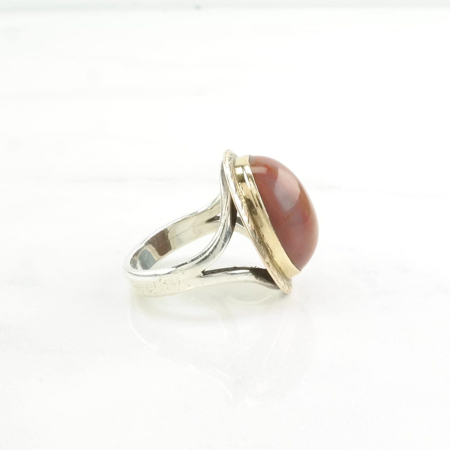 Vintage Sterling Silver Ring Agate Gold Toned Accents Red Size 7