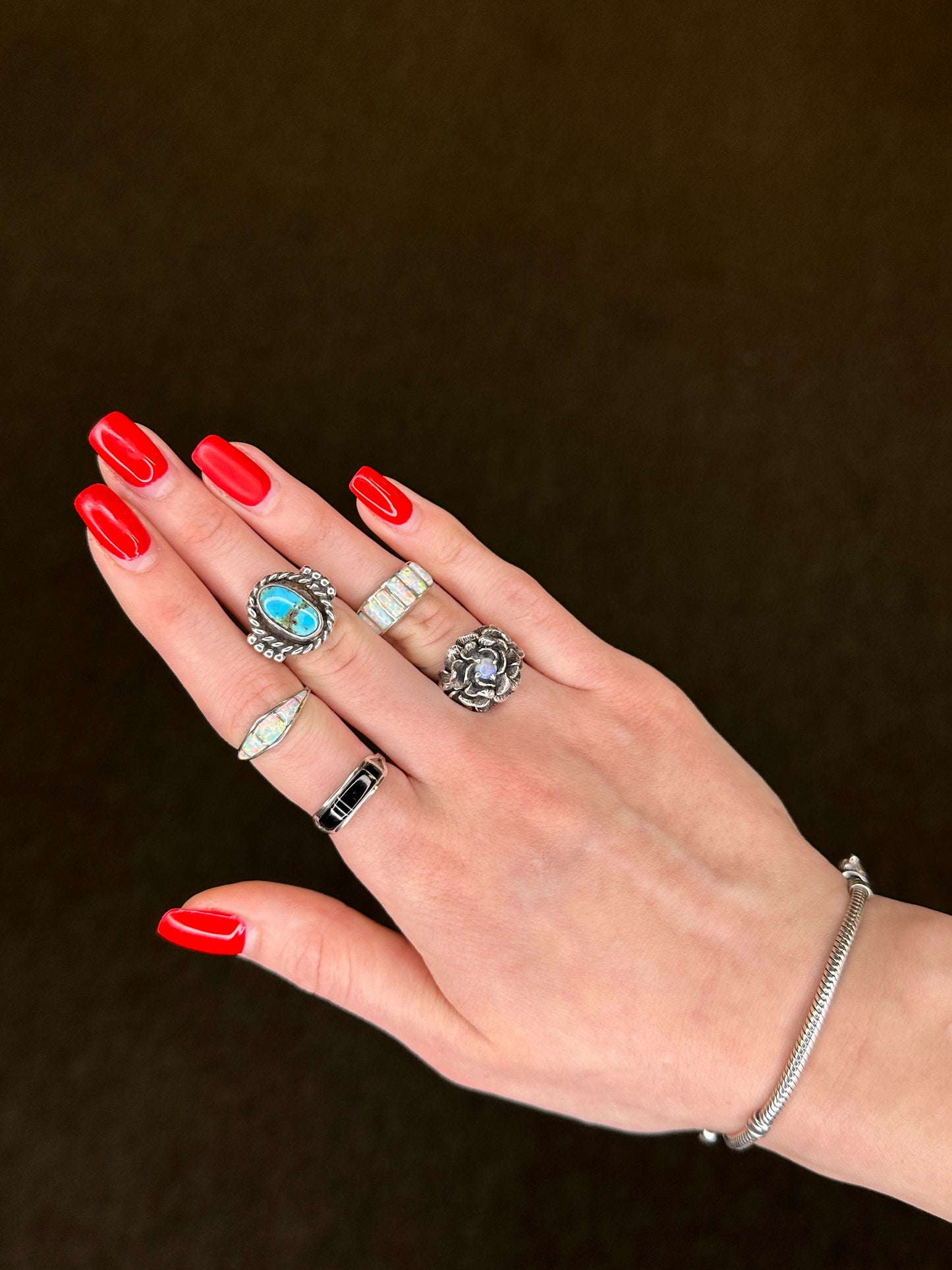 Vintage Brutalist Silver Ring Lab Opal Flower Sterling Size 5