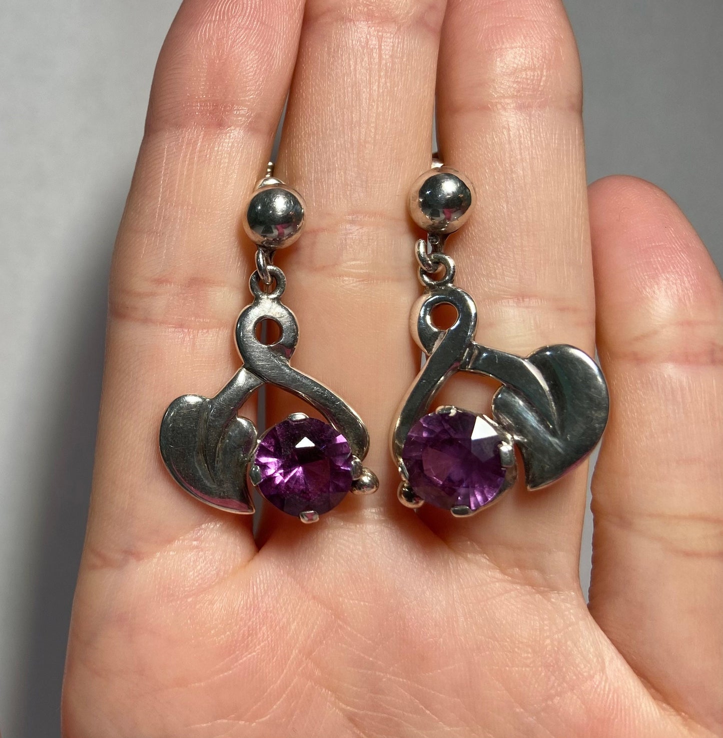 Taxco Sterling Silver Purple Corundum Leaf Earrings Screw Back
