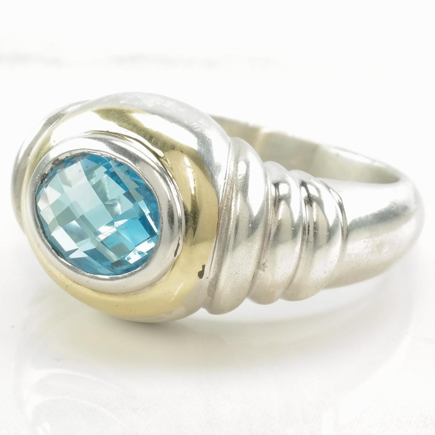 Vintage Sterling Silver Ring Topaz Checkerboard Cut 14K Gold Size 6 3/4