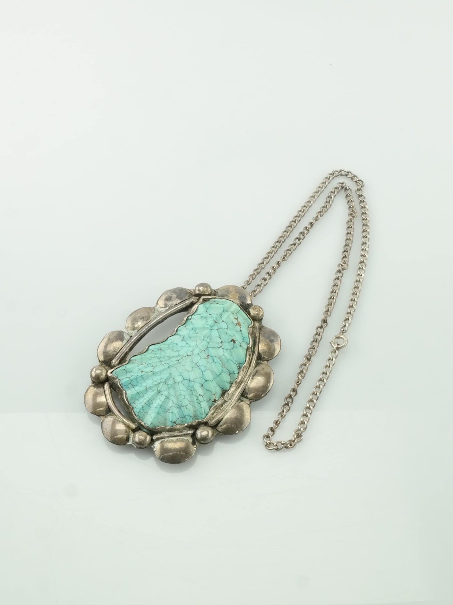 Vintage Native American Sterling Silver Blue Spiderweb Carved Turquoise Leaf Necklace