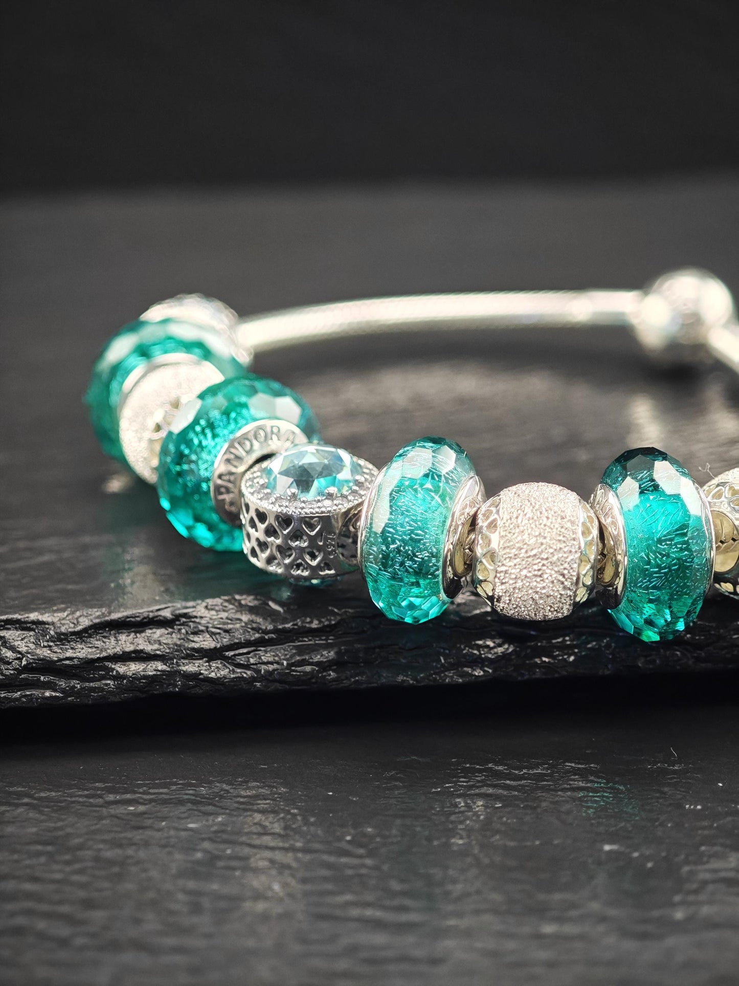 Vintage Pandora Teal 11 Charm Bracelet Murano Sterling Silver