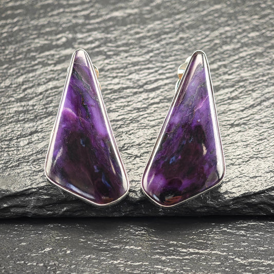 Vintage Purple Sugilite Sterling Silver Clip-On Earrings - Unique Abstract Design