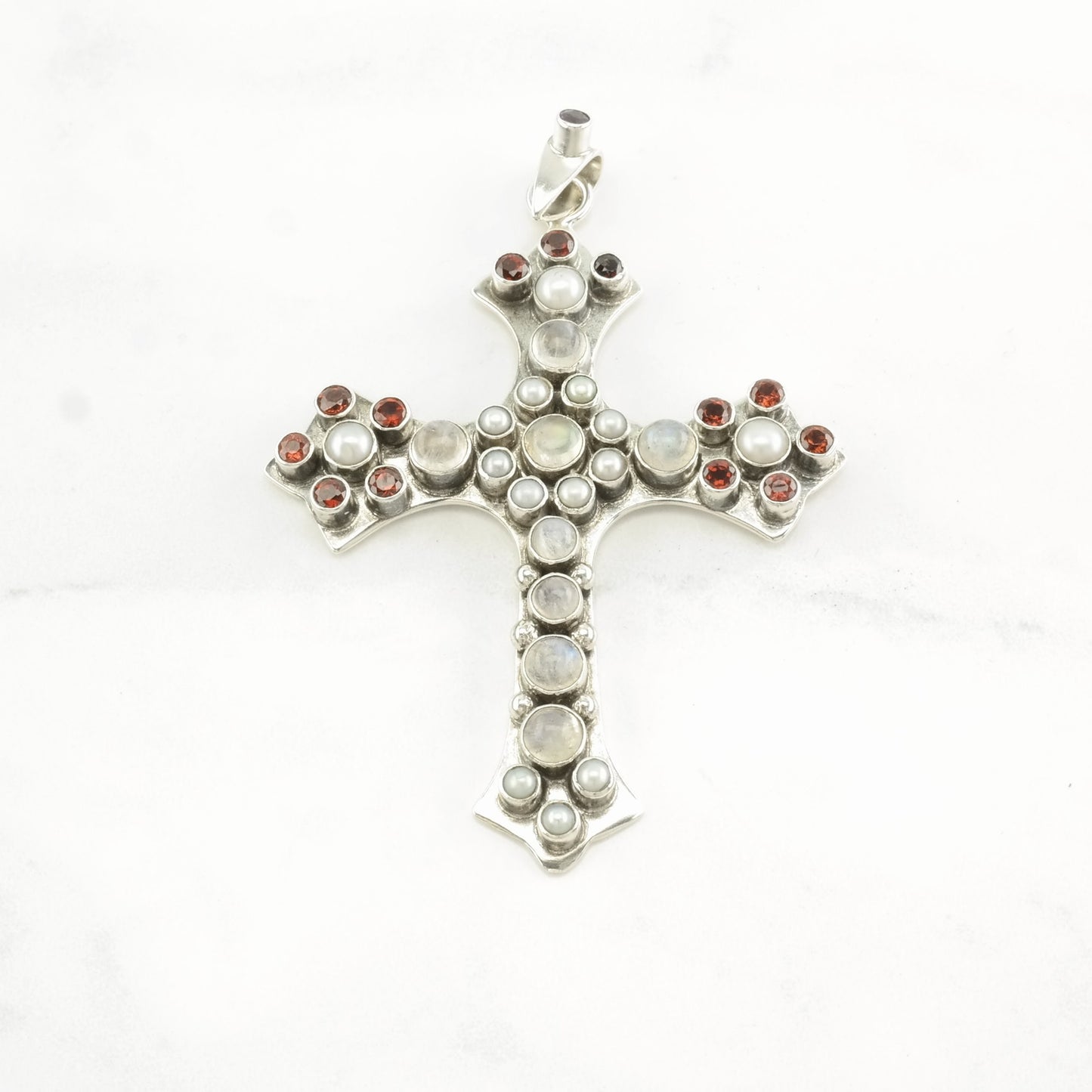 Vintage Nicky Butler Moonstone, Pearl, Garnet Cross Sterling Silver Pendant
