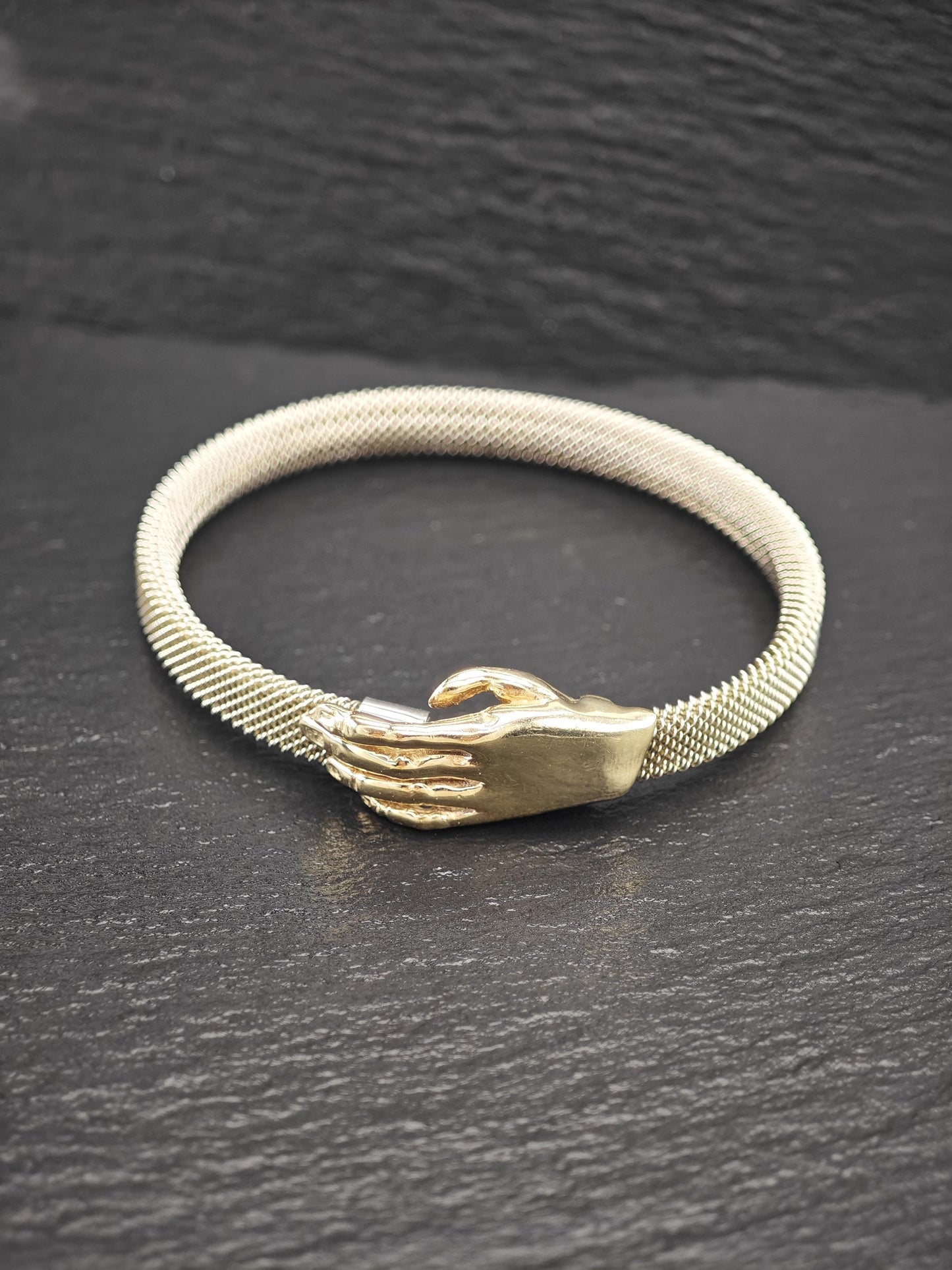 Vintage Mignon Faget, 14k Gold Hand Bangle on Stainless Steel