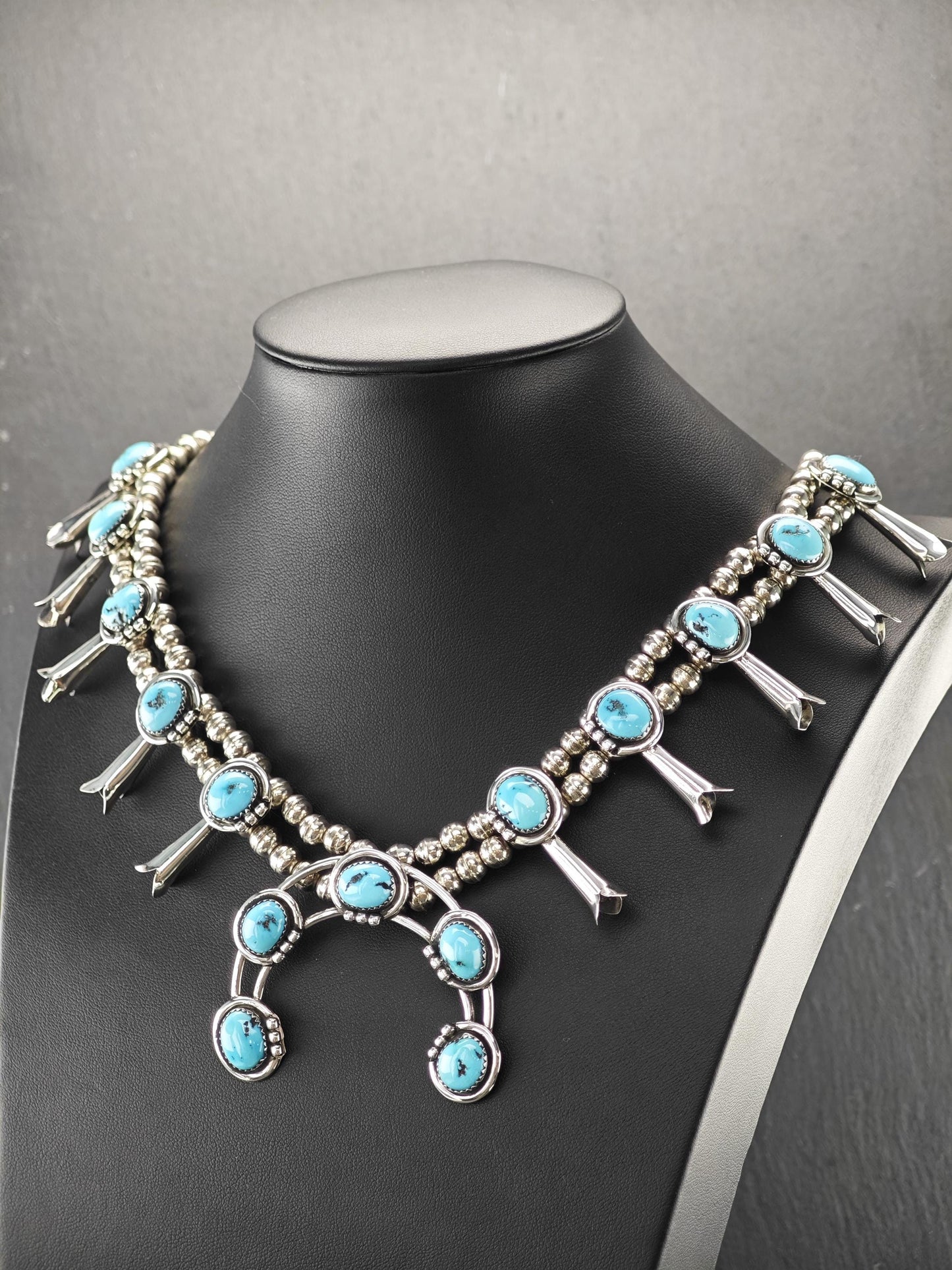 Vintage Native American Sterling Silver, Sleeping Beauty Squash Blossom Necklace