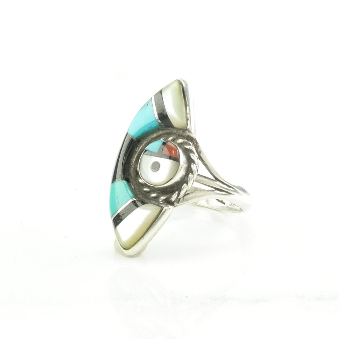 Vintage Zuni Silver Ring Turquoise, Onyx, MOP Inlay Sterling Size 7 1/2