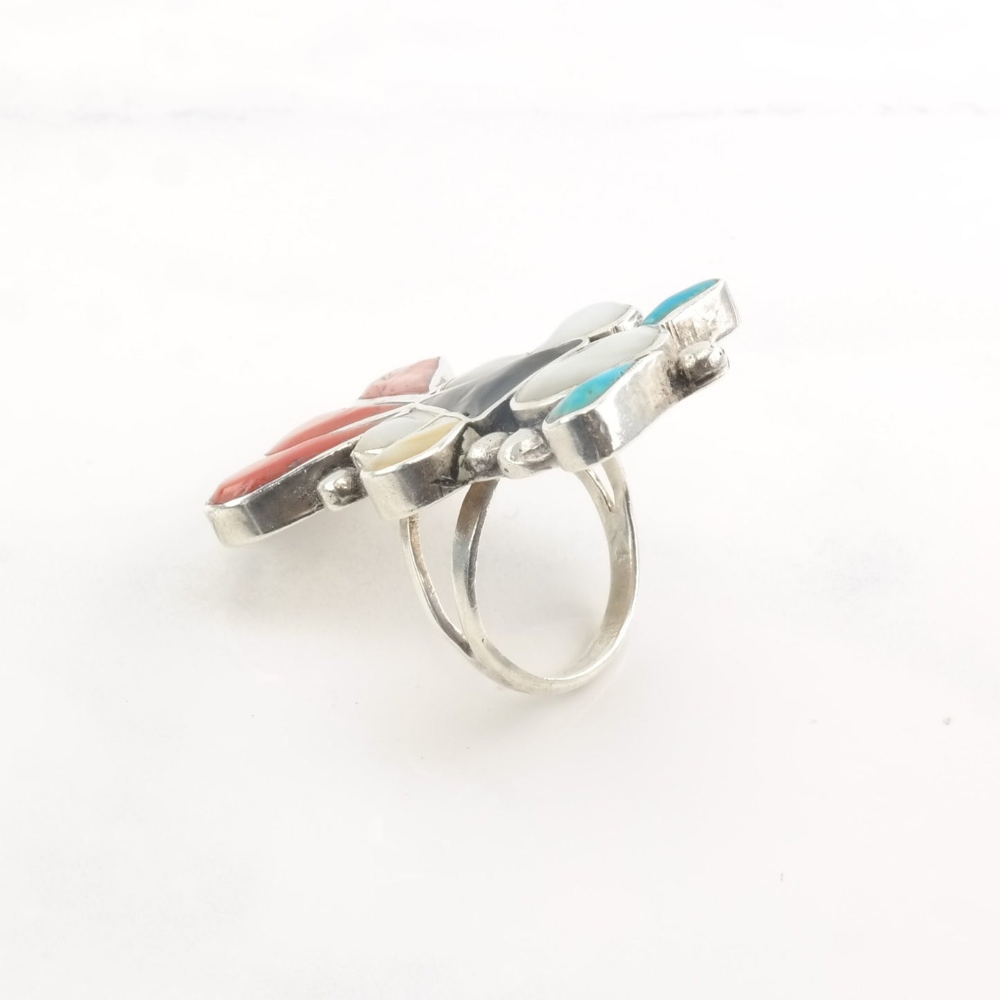 Vintage Sterling Silver Thunderbird Ring with Multi-Stone Inlay