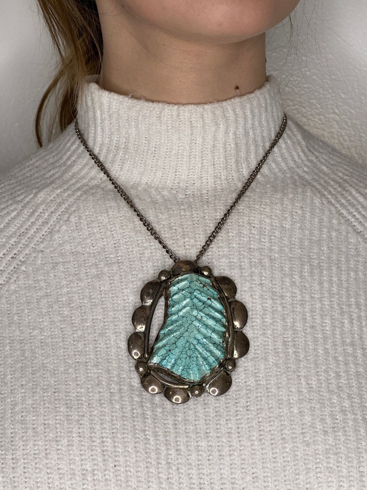 Vintage Native American Sterling Silver Blue Spiderweb Carved Turquoise Leaf Necklace