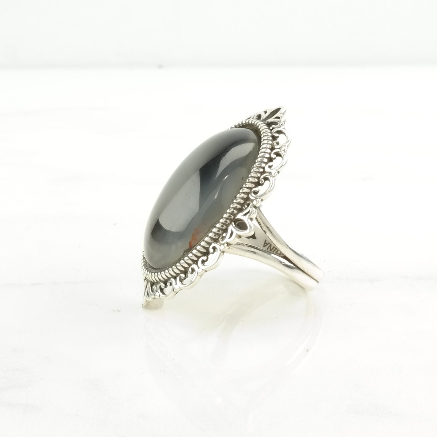 Vintage Sterling Silver Ring Agate Black, White Size 7