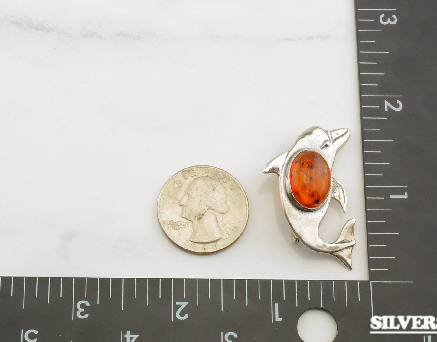 Amber Dolphin Silver Brooch Orange Sterling B1293