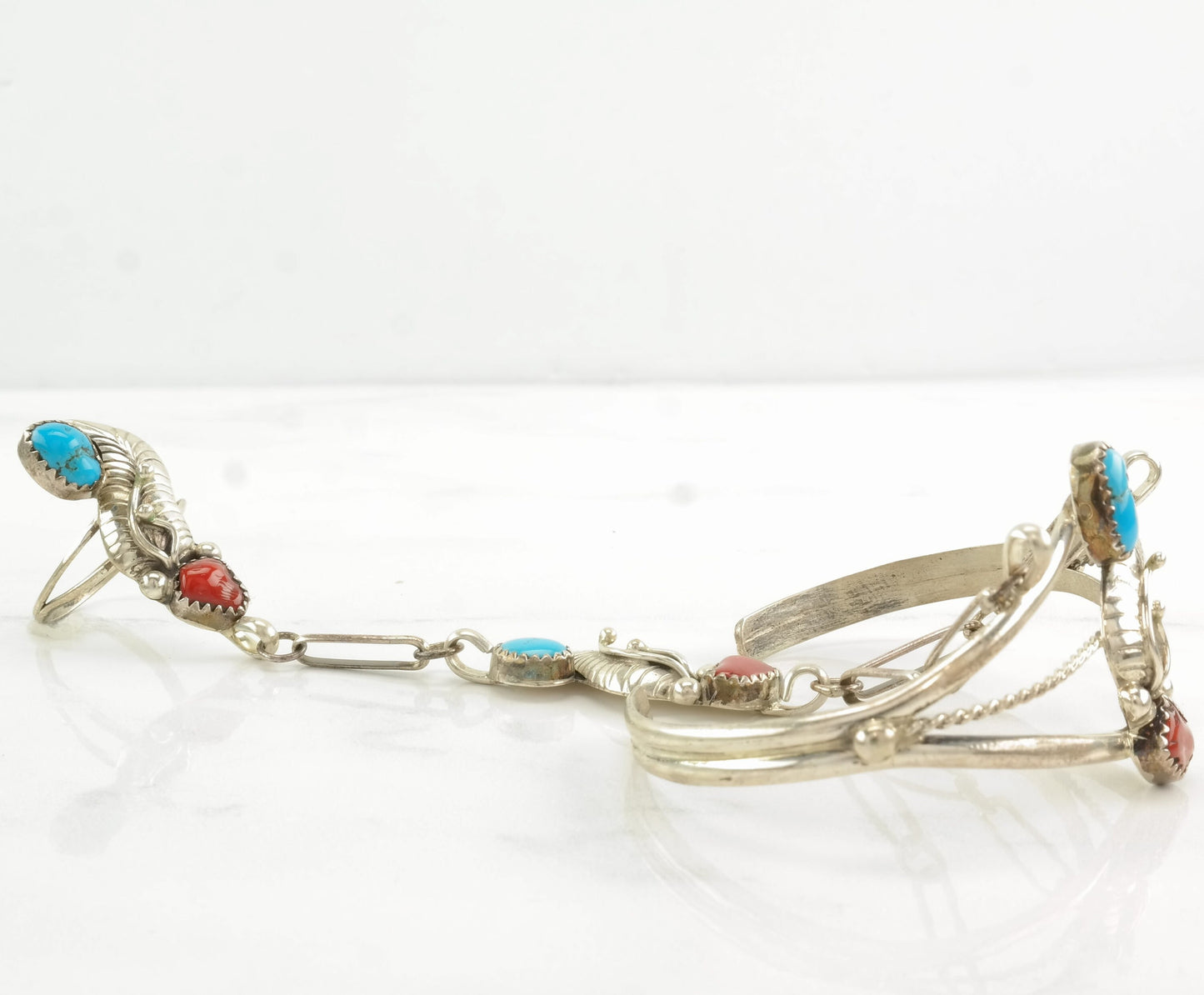Native American Sterling Silver Cuff Bracelet with Ring, Turquoise & Coral, Southwestern Jewelry, Size 6 Wrist