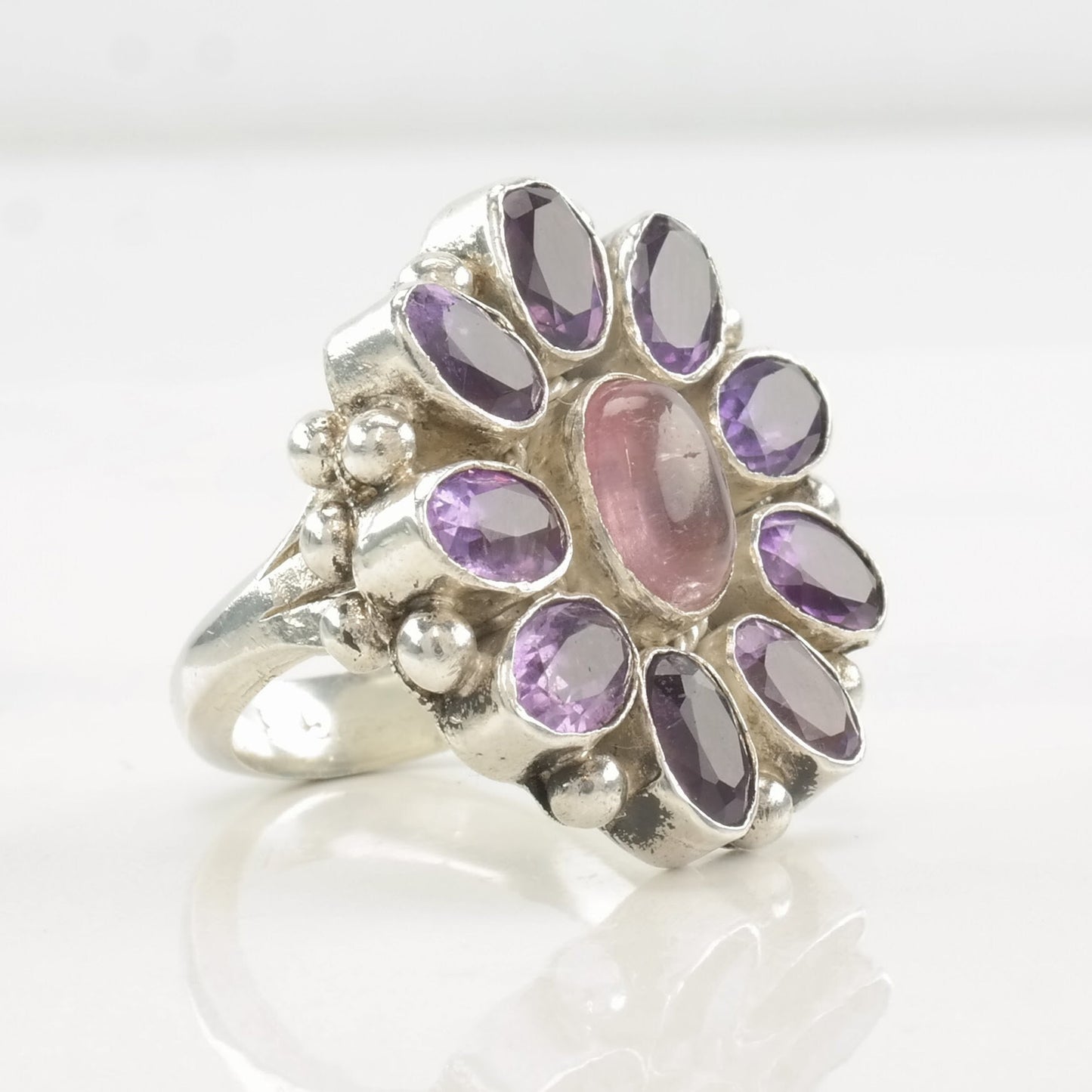 Vintage Sterling Silver Ring Amethyst, Rose Quartz Size 4 3/4