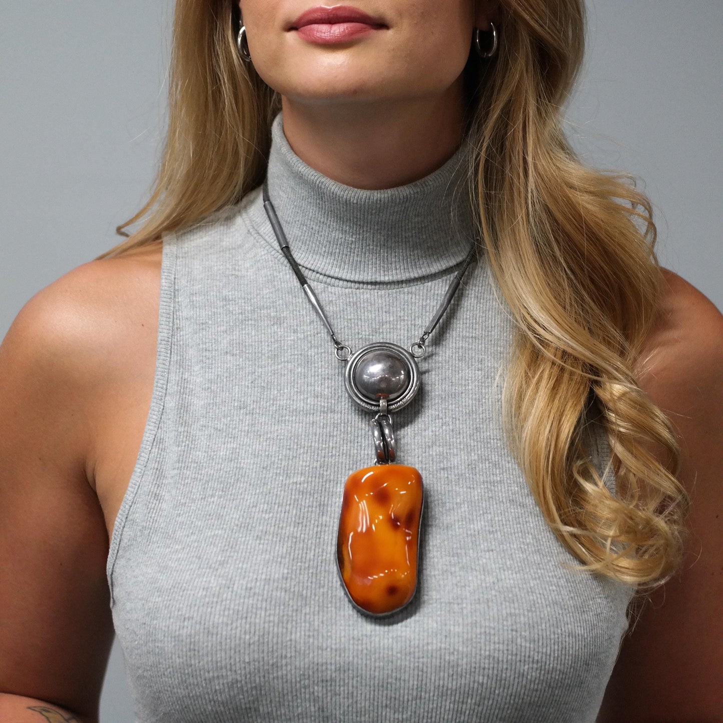 Amber Necklace Sterling Silver Boulder Leather N2052