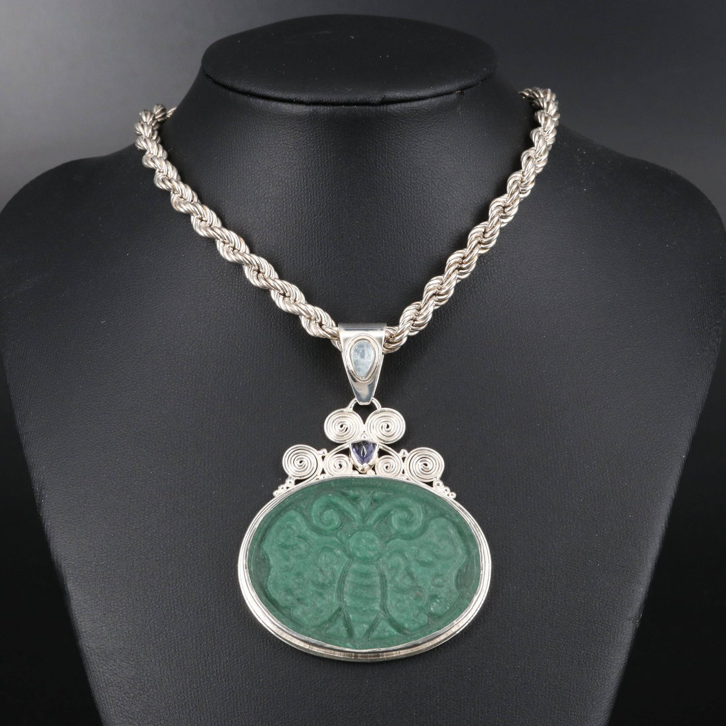 Carved Jade Butterfly Sterling Silver Pendant Sajen