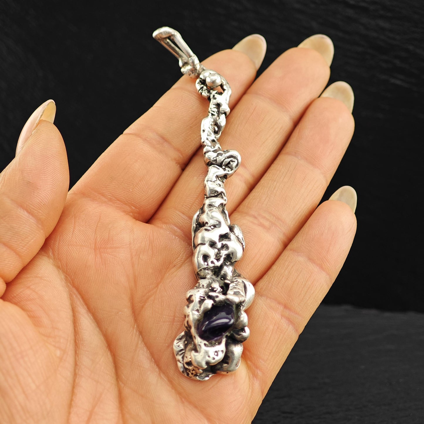 Vintage Brutalist Amethyst Pendant Sterling Silver