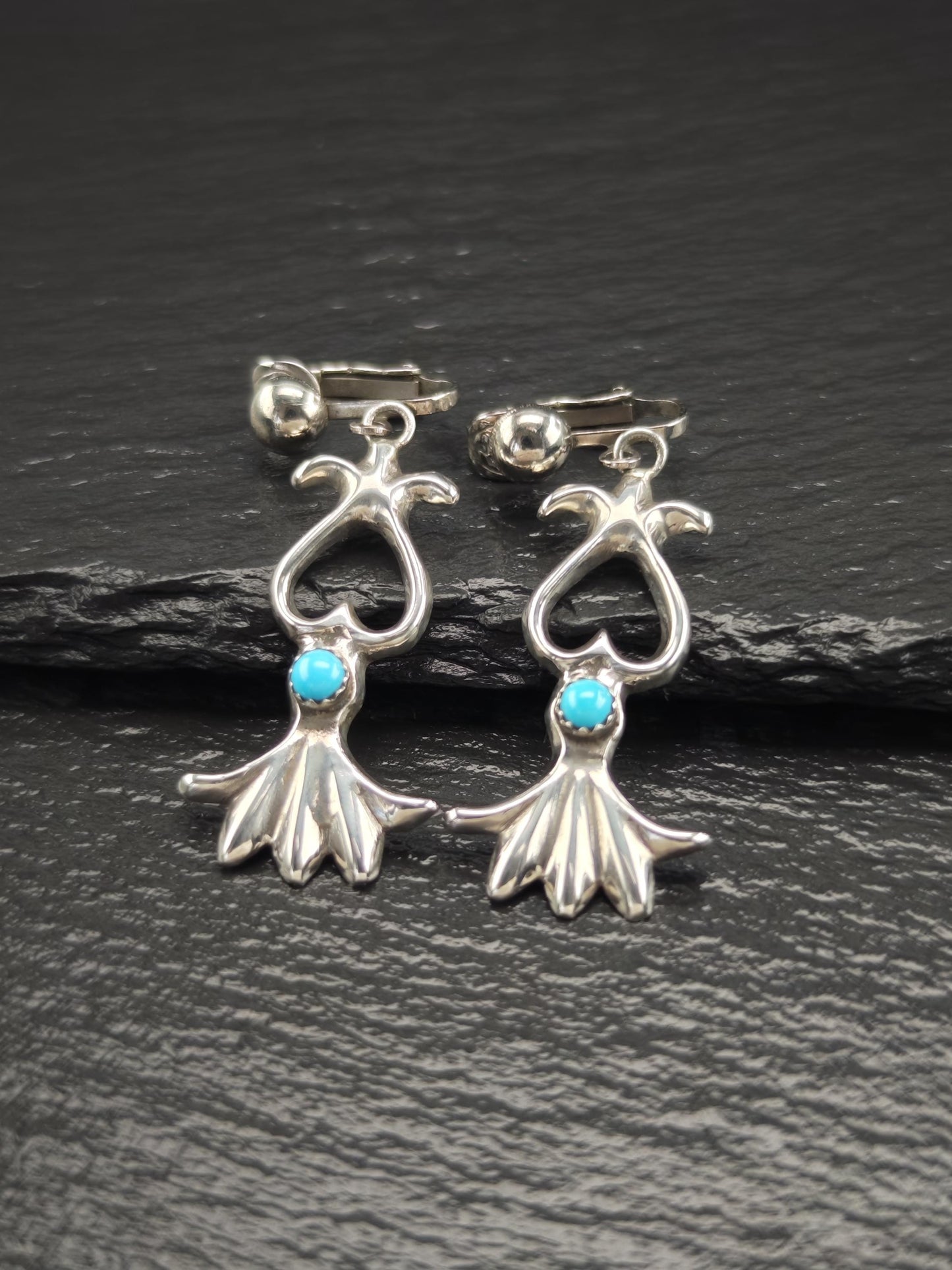 Southwest Blue Block Turquoise Sandcast Clip On/Dangle Earrings Sterling Silver