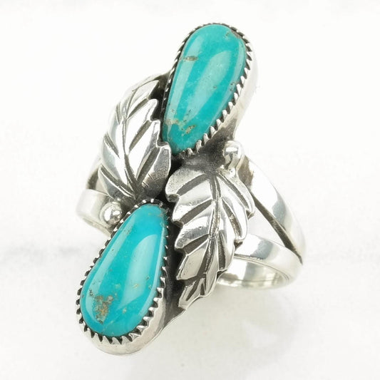 Vintage Native American Sterling Silver Ring, Turquoise Floral Blue Size 6 1/2