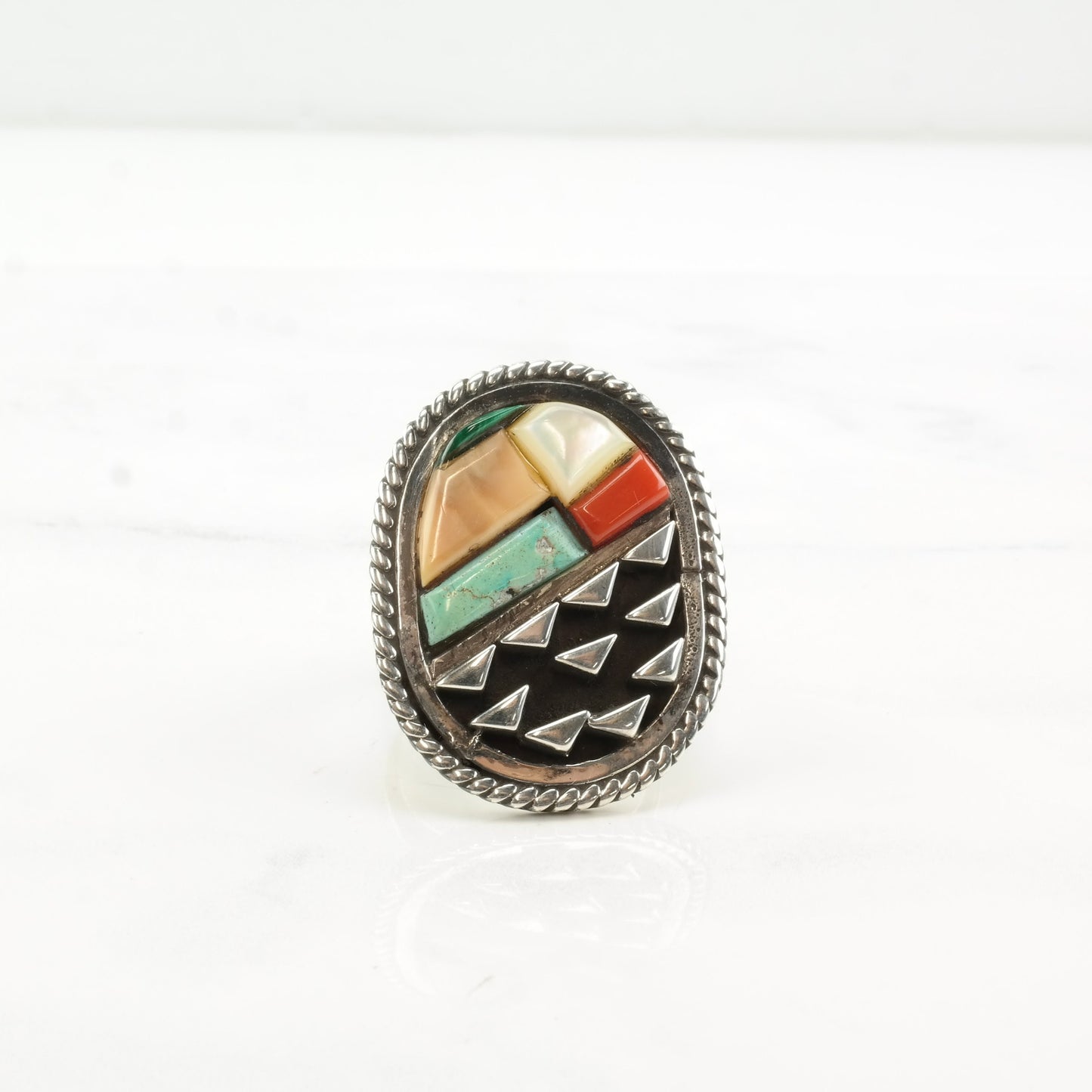 Hopi Sterling Silver Inlay Ring | Lula Bowannie | Vintage Native American Jewelry | Multi-Stone Ring | Size 9 3/4