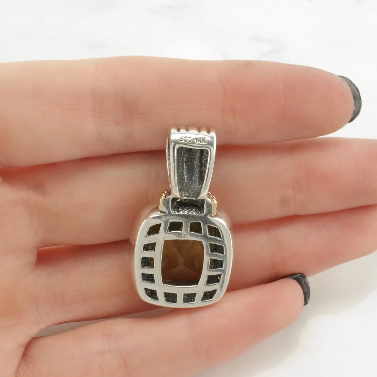 Vintage Lefkowitz and Edelstein Prasiolite, Diamond 14K gold accents Sterling Silver Pendant