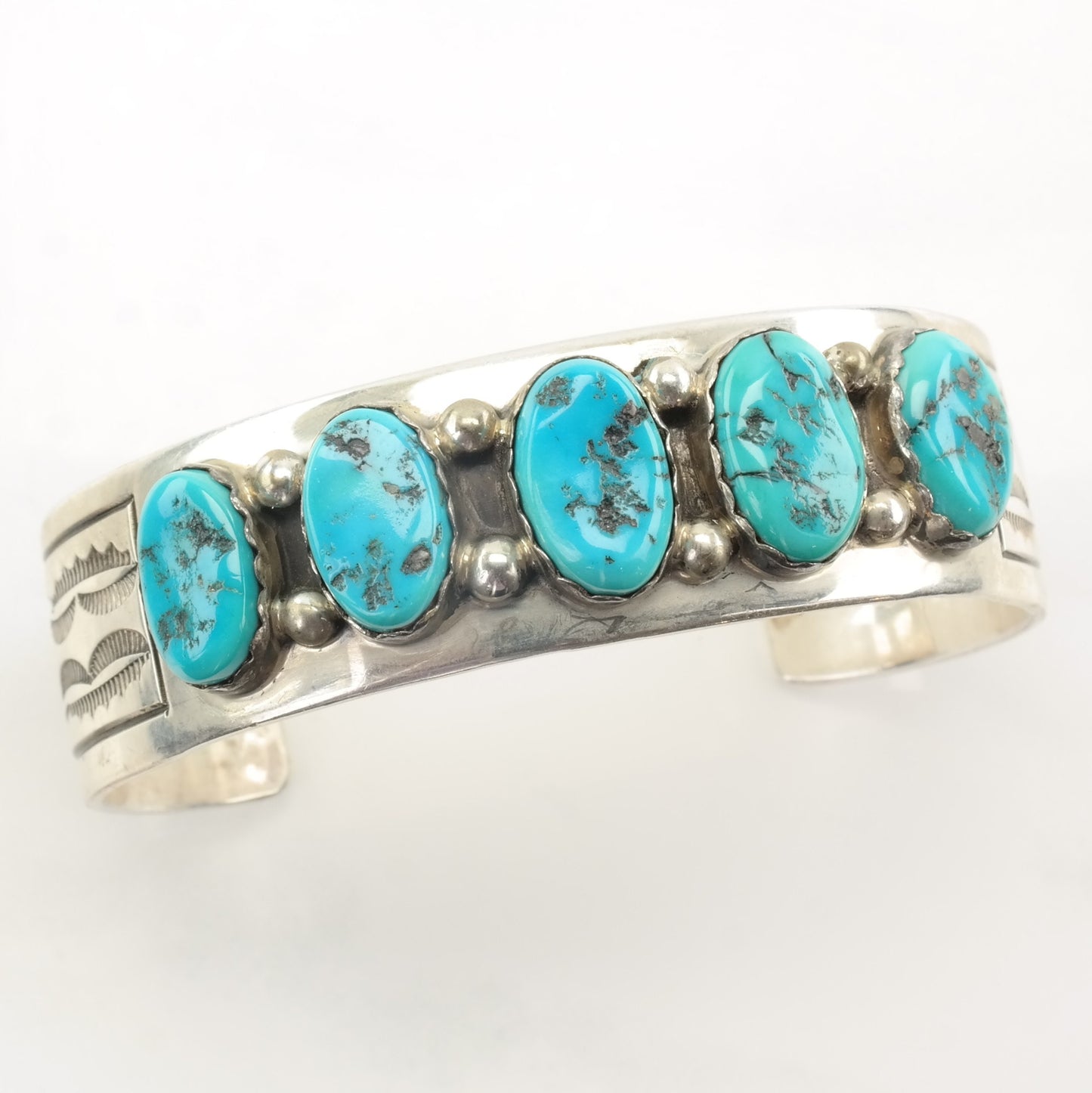 Native American Turquoise Cuff Bracelet Sterling Silver Cluster Row