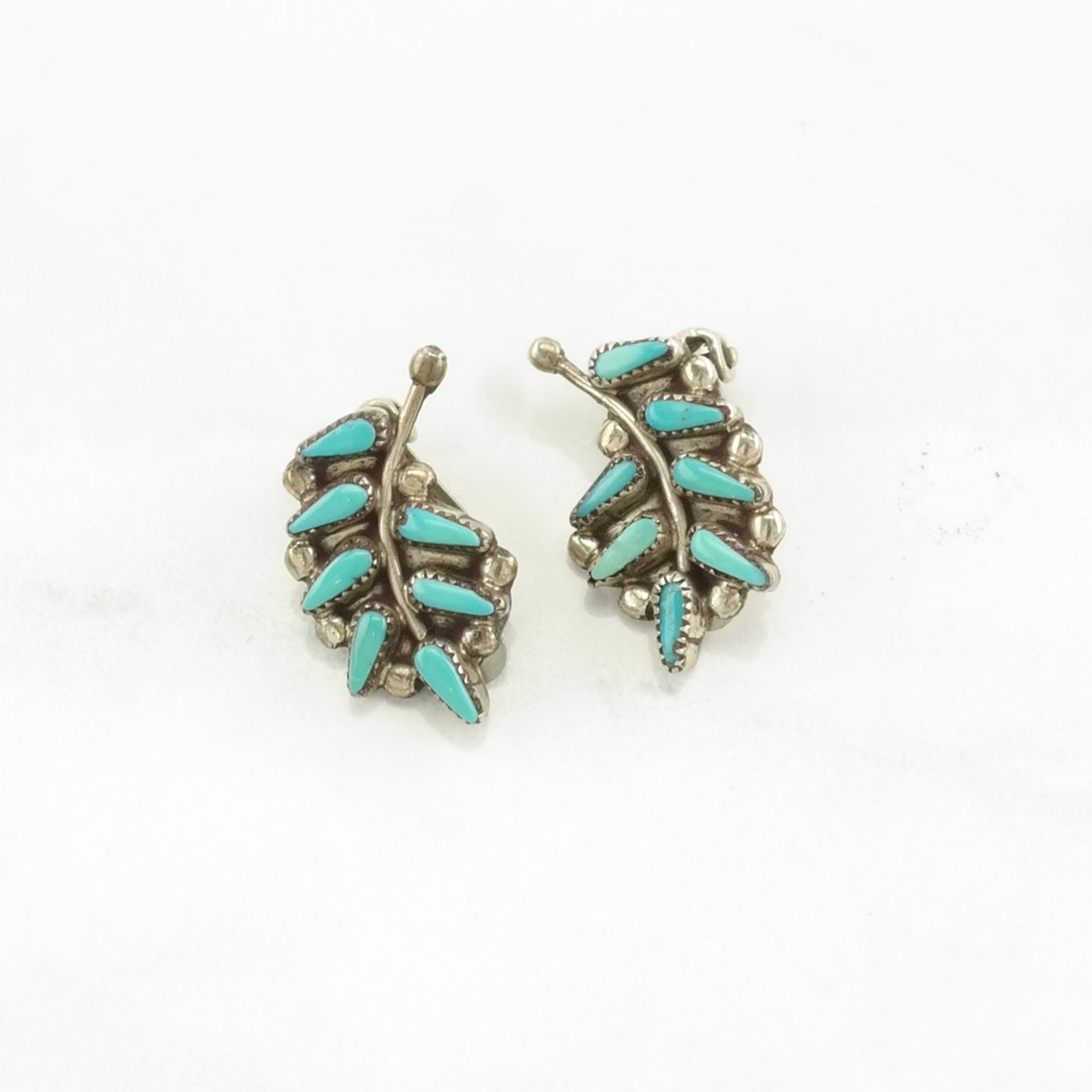 Vintage Sterling Silver Clip on Earrings Native American Blue Turquoise Needle Point, Floral
