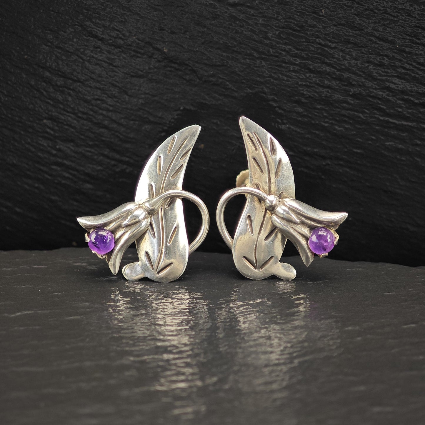 Taxco Amethyst Floral, Screw Back Earrings Sterling Silver