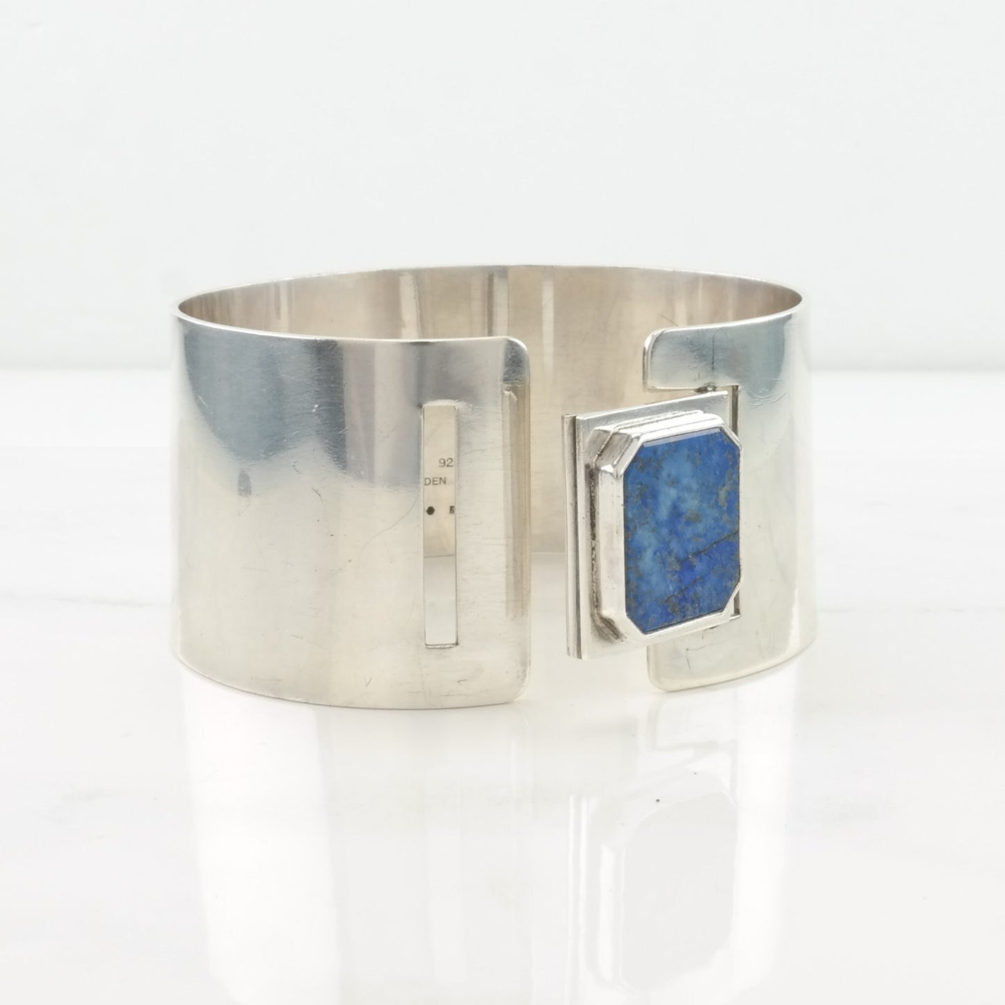 Vintage Sweden Sterling Silver Bangle Bracelet Blue Lapis Lazuli Wide, Modernist