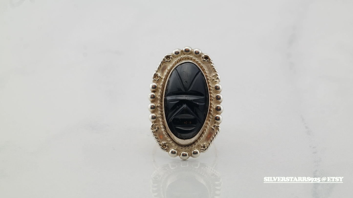 Vintage Sterling Silver Ring Obsidian Black Size 6.5