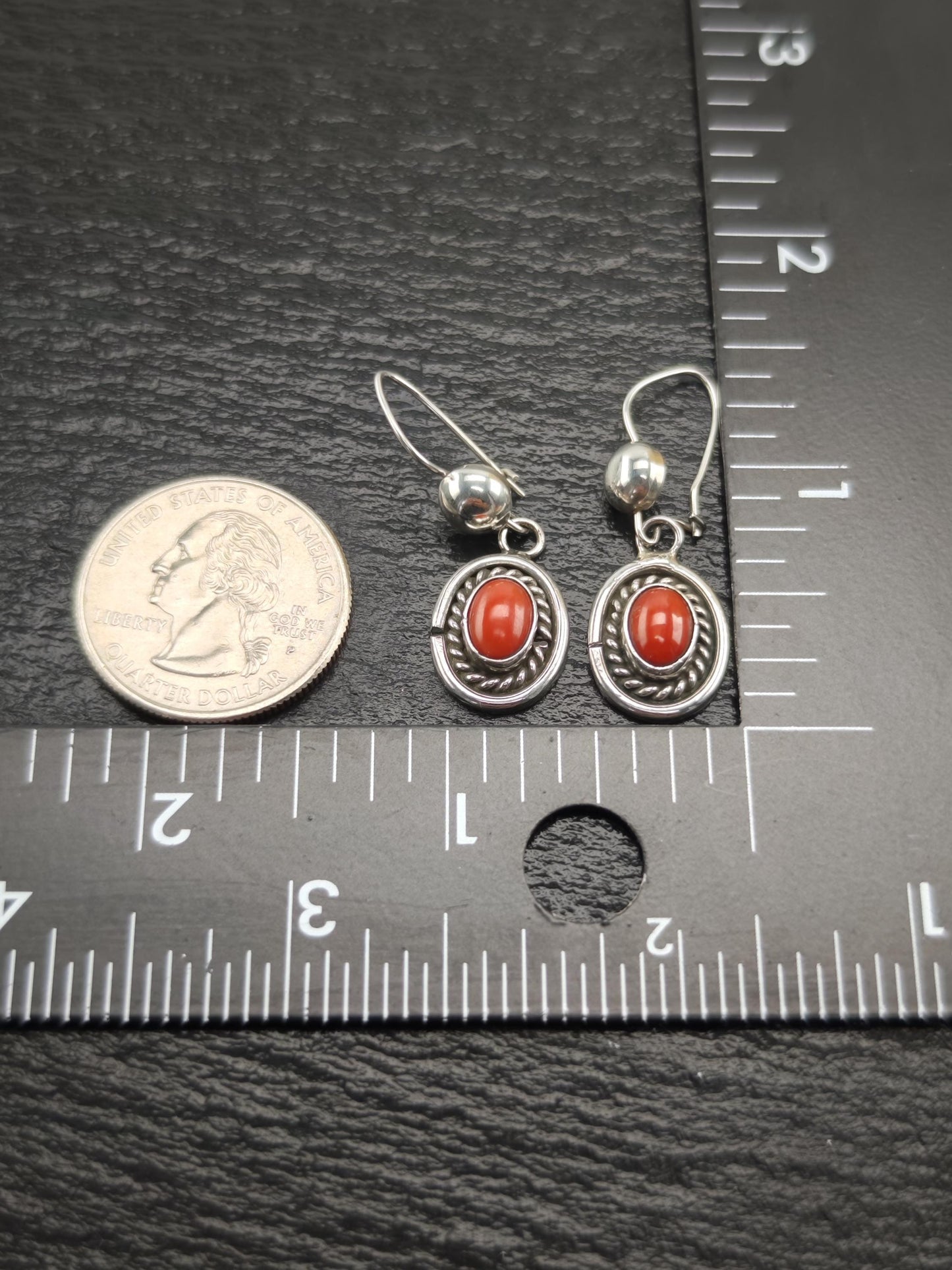 Native American Red Coral Oval Kidney Wire Earrings Sterling Silver