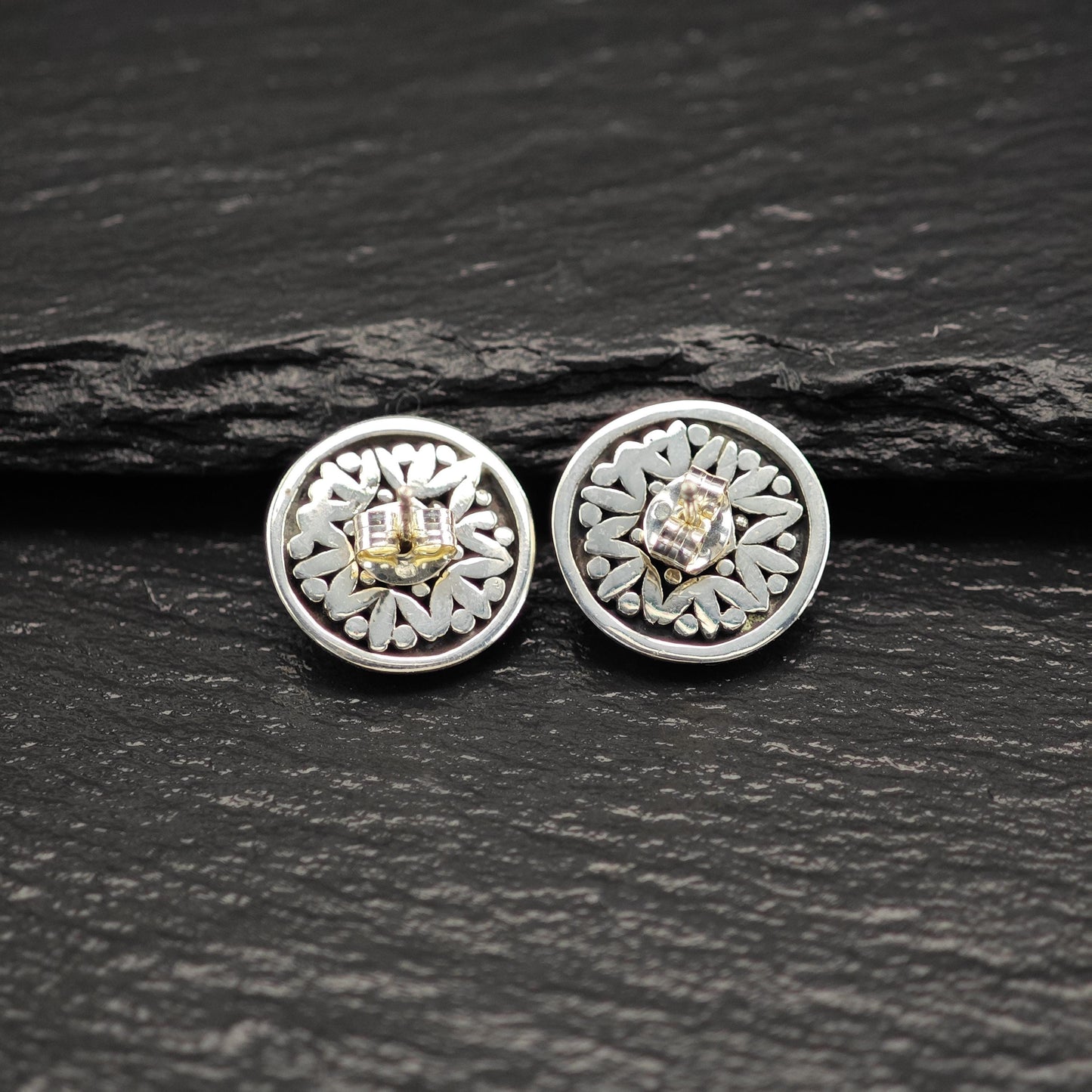 Vintage Overlay Floral Stud Earrings Sterling Silver