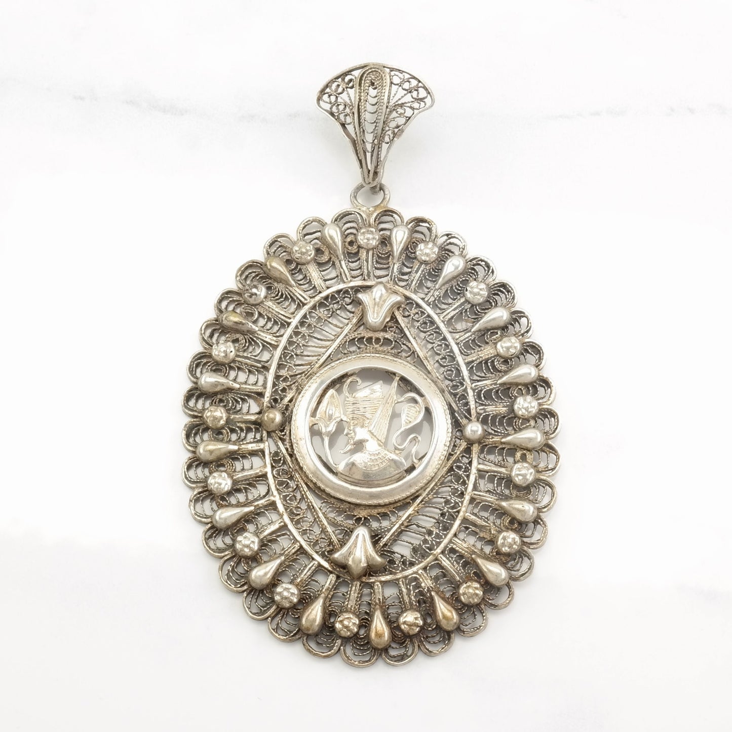 Vintage Archeological Revival Filigree Egyptian Sterling Silver Pendant