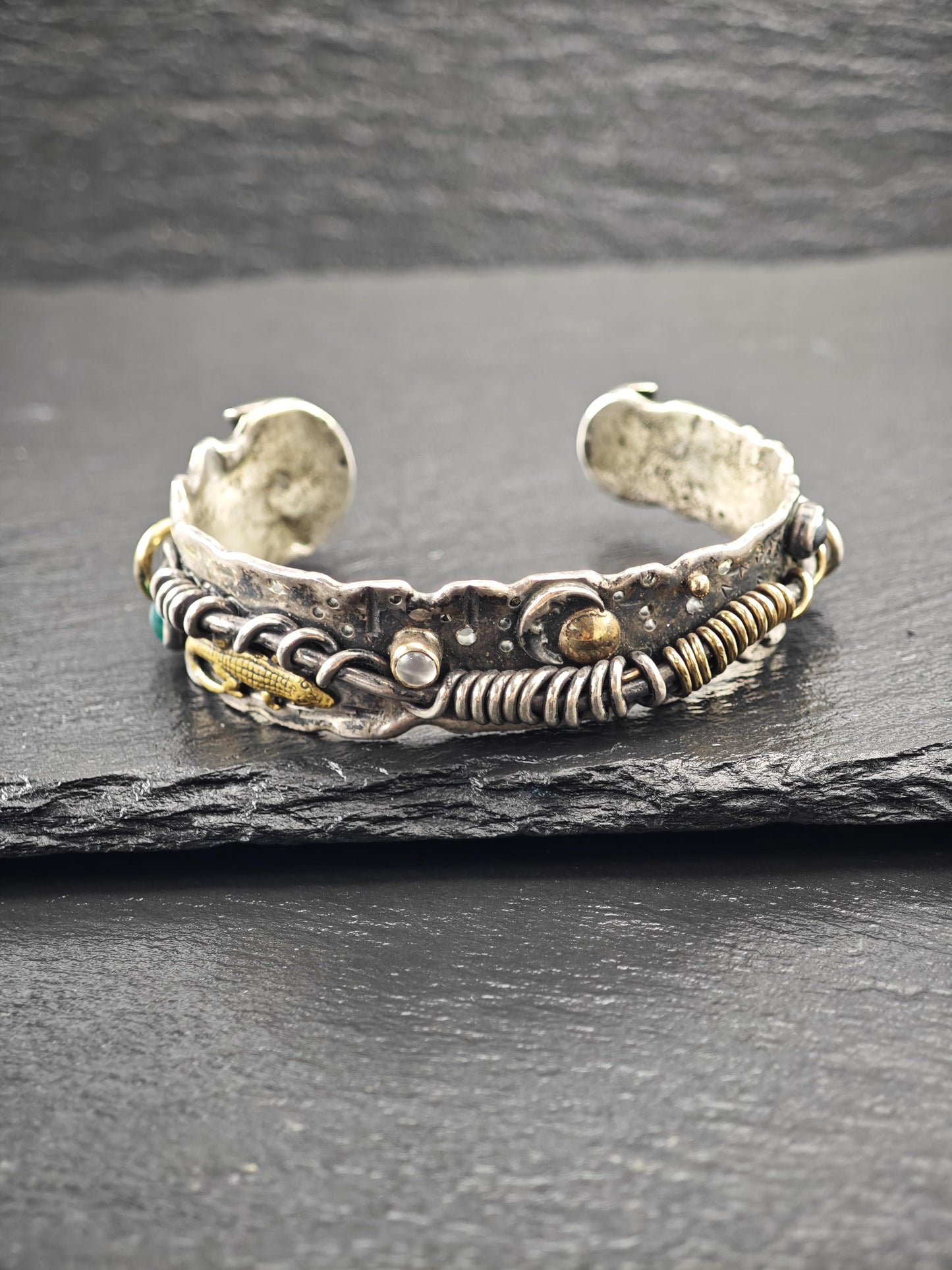 Brutalist Alligator, Moonstone, Onyx 14K Gold Accents Cuff Bracelet Sterling Silver