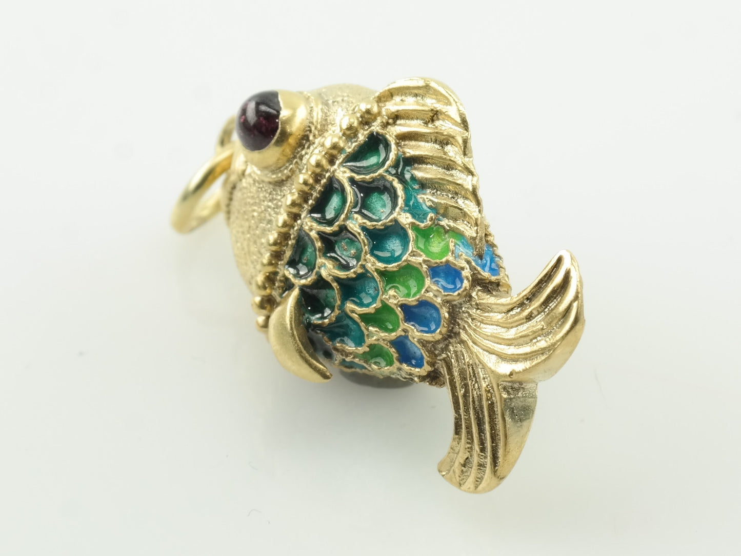 Vintage Enamel Garnet Faberge Style Fish Sterling Silver Pendant