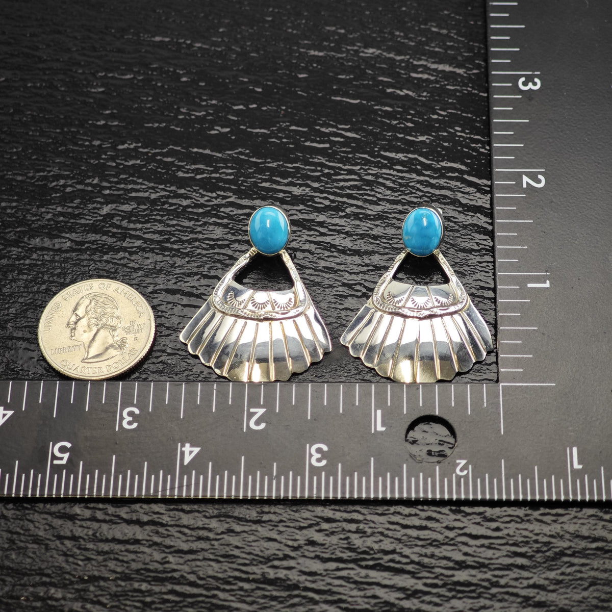 Running Bear Turquoise Fan Sterling Silver Dangle Stud Earrings ER3213