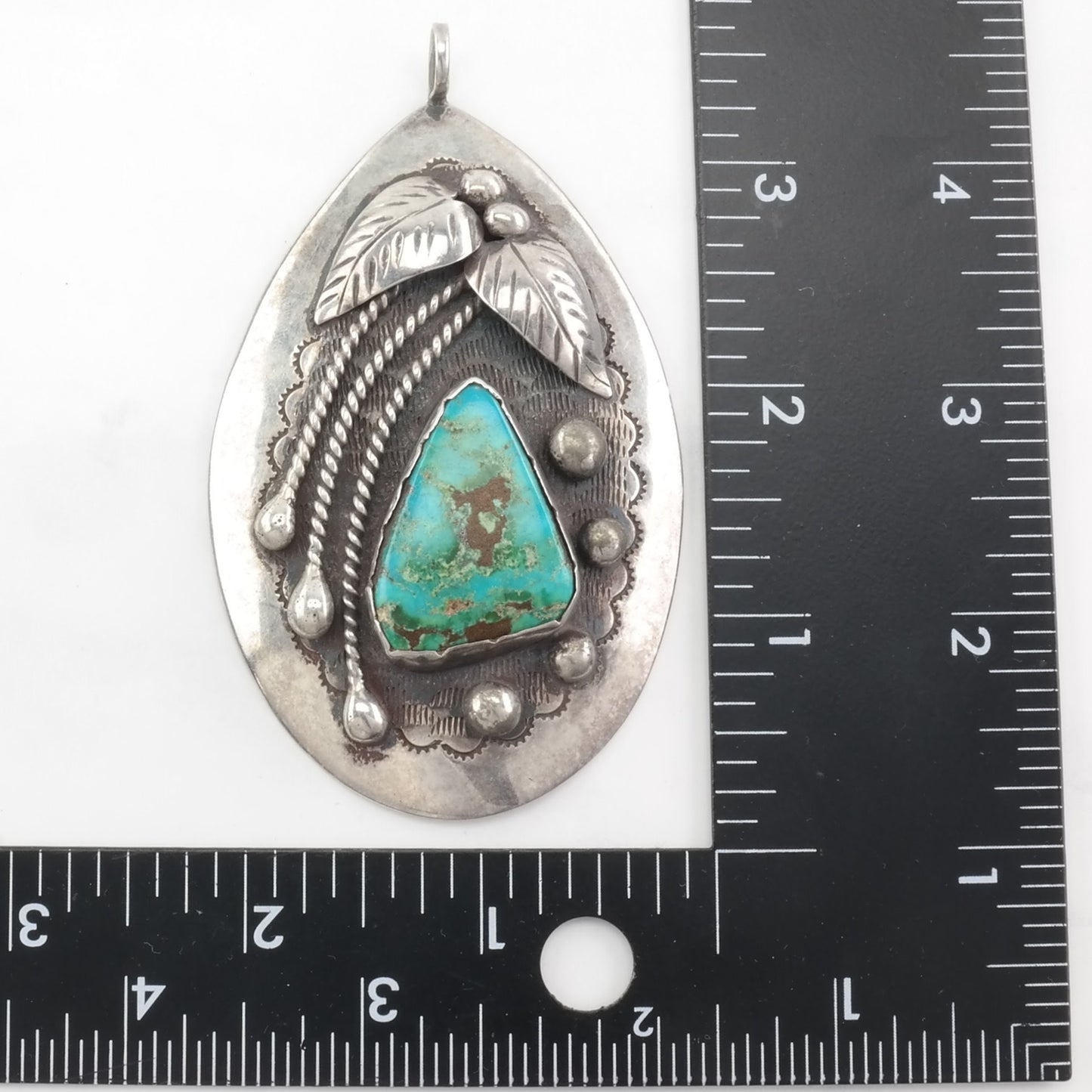 Vintage Native American Turquoise Leaf Sterling Silver Pendant
