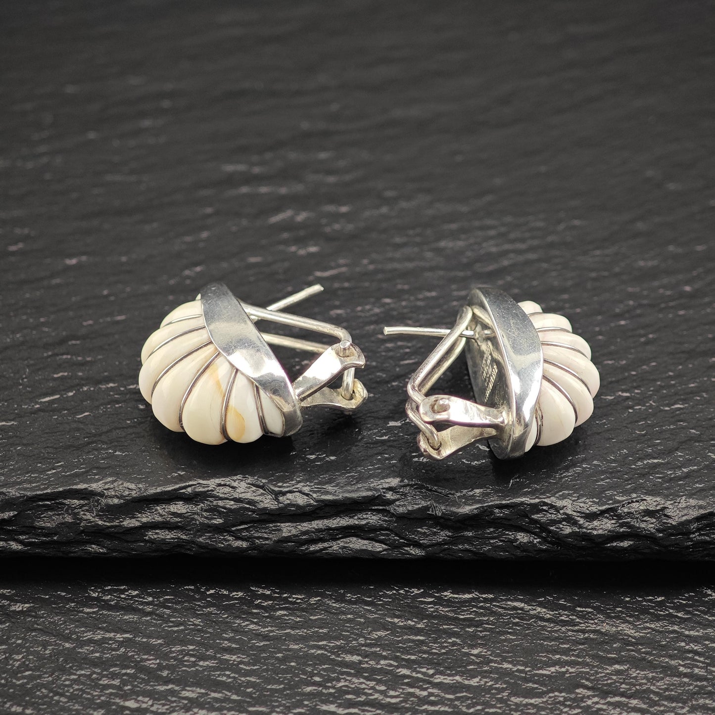 Cerro Blanco White Shell Scallop Earrings in Sterling Silver - Elegant Omega Back Design