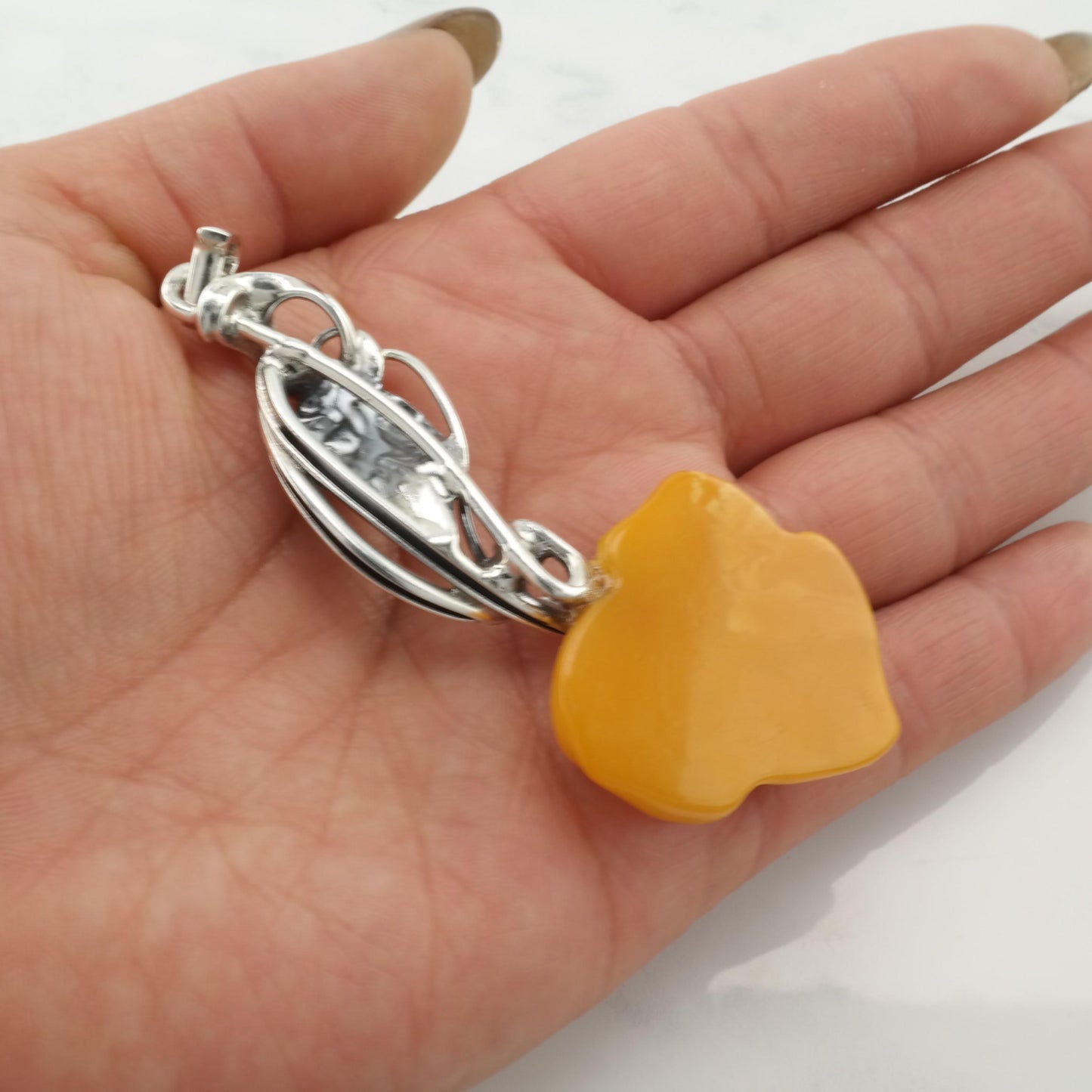 Vintage Butterscotch Amber Flower Pendant European Sterling Silver
