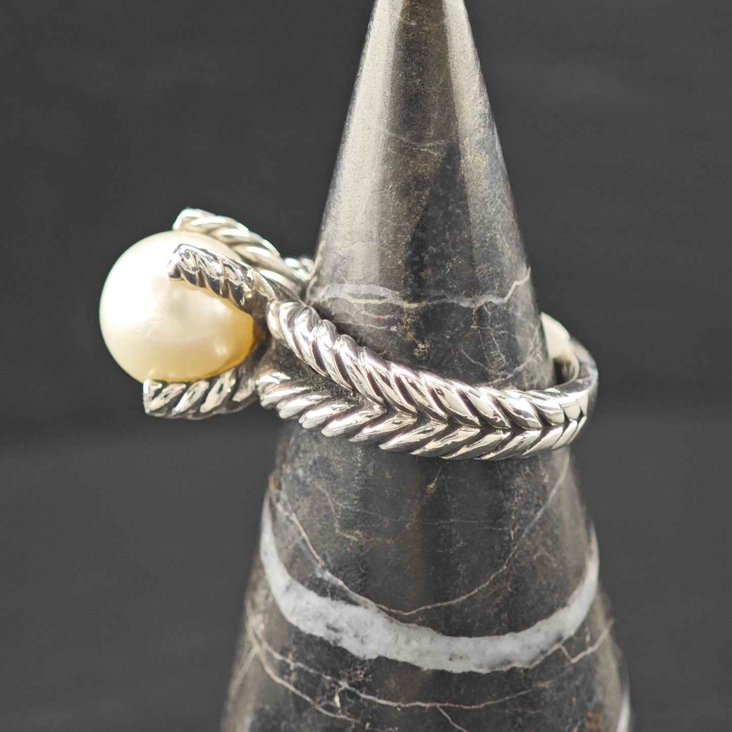 David Yurman 10mm Pearl Diamond Cable Ring Sterling Silver