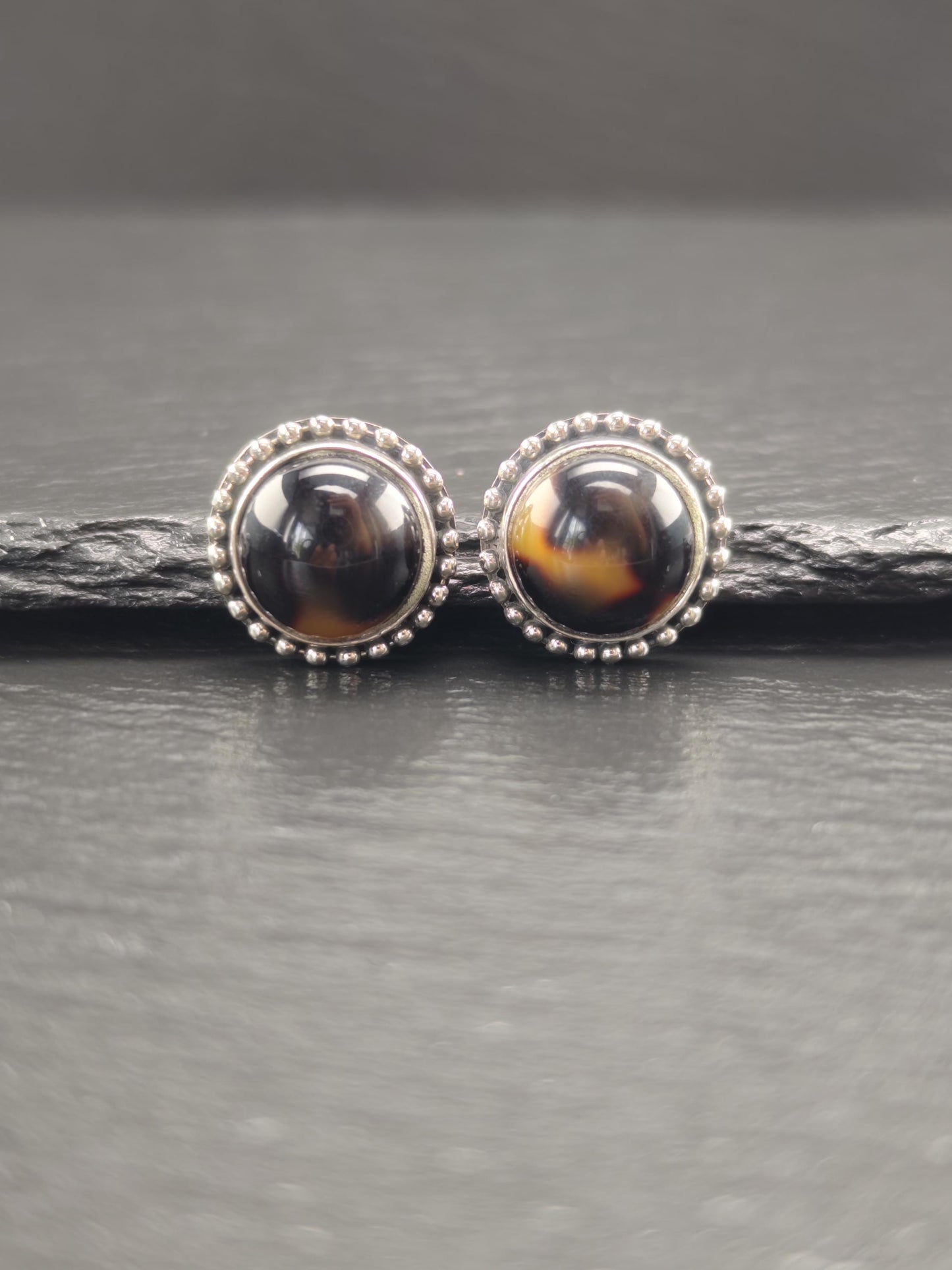 Vintage Brown Gemstone, Dome Sterling Silver Stud Earrings