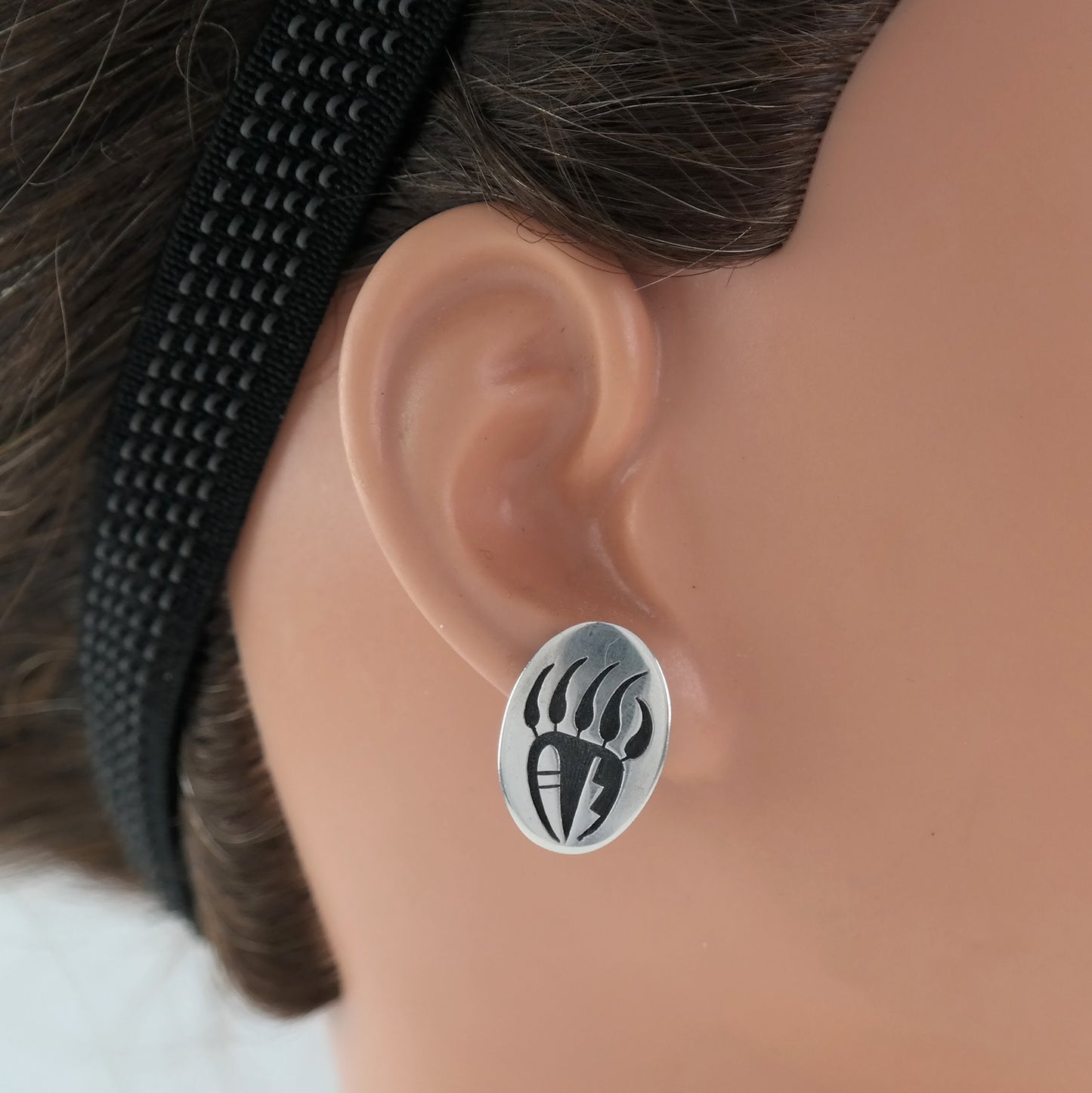 Hopi Sterling Silver Bear Paw, Overlay Earrings Clip on