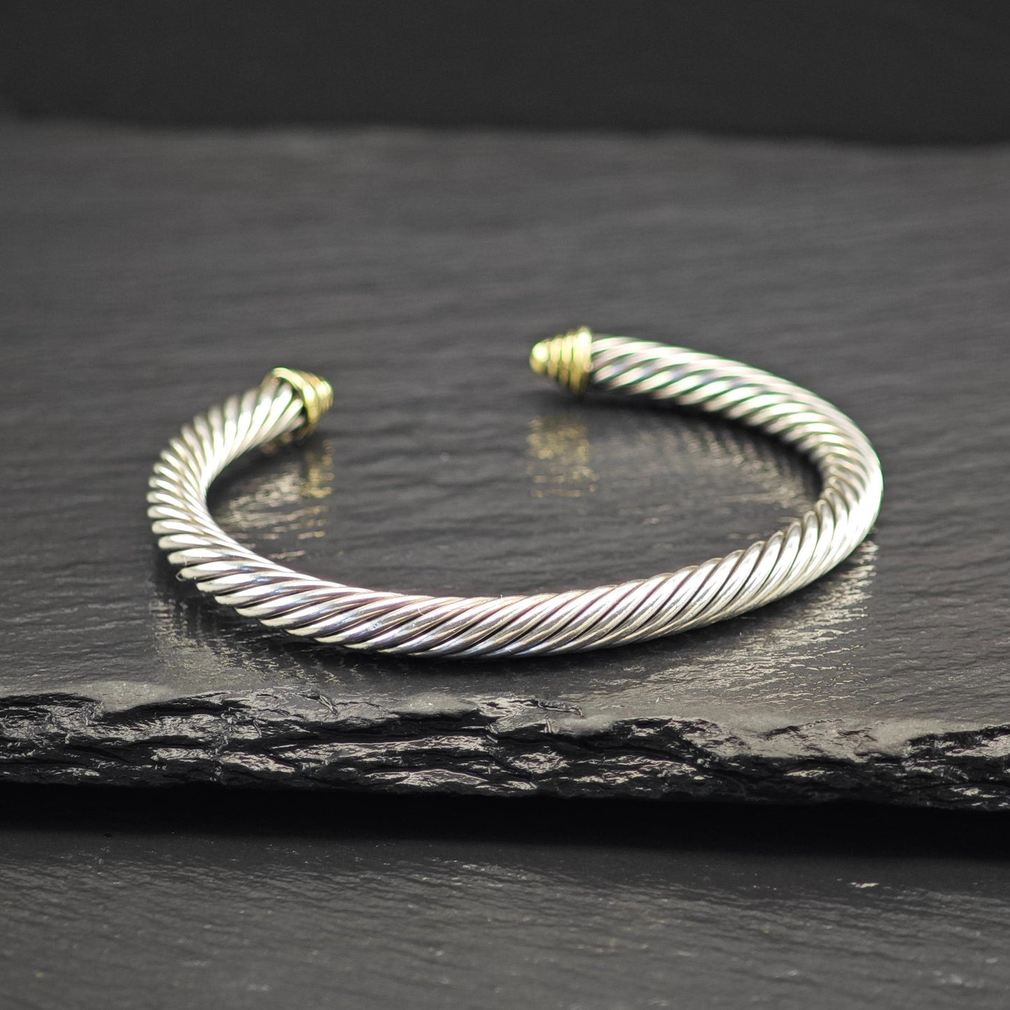 David Yurman 5mm 14K Gold Accent Cable Cuff Bracelet Sterling SIlver