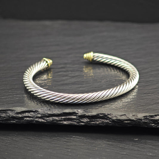 David Yurman 5mm 14K Gold Accent Cable Cuff Bracelet Sterling SIlver
