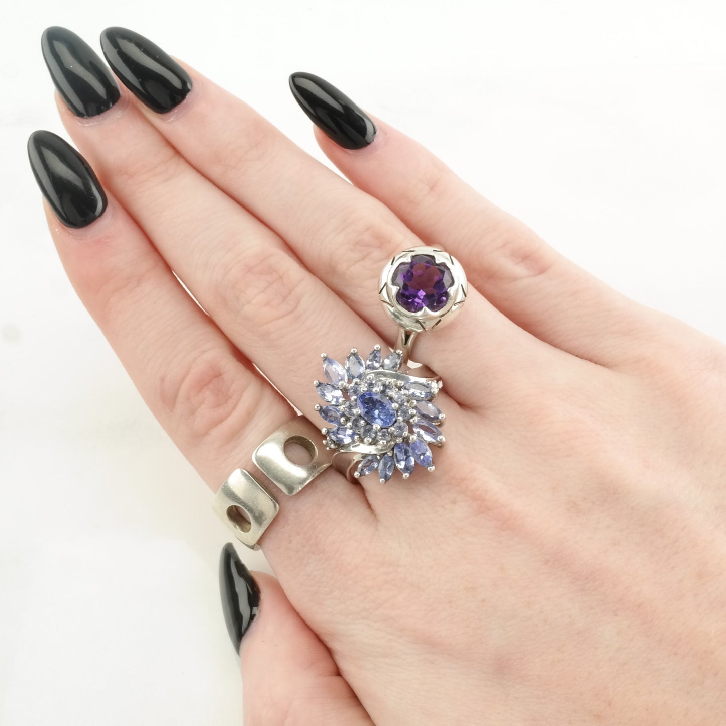 Vintage Sterling Silver Ring Amethyst Modernist Purple Size 7 3/4