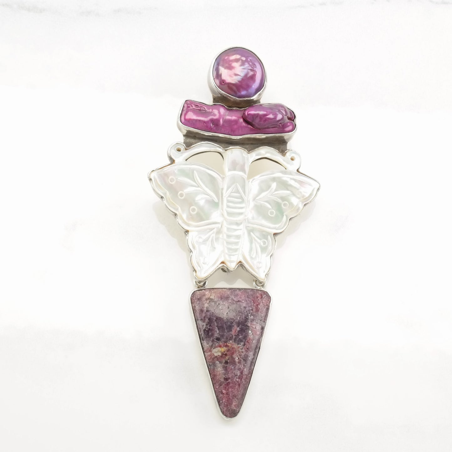 Vintage AKR Sterling Silver, Carved Mother-of-Pearl Butterfly, Sugilite, and Freshwater Pearl Pendant, Designer Signed, Statement Pendant