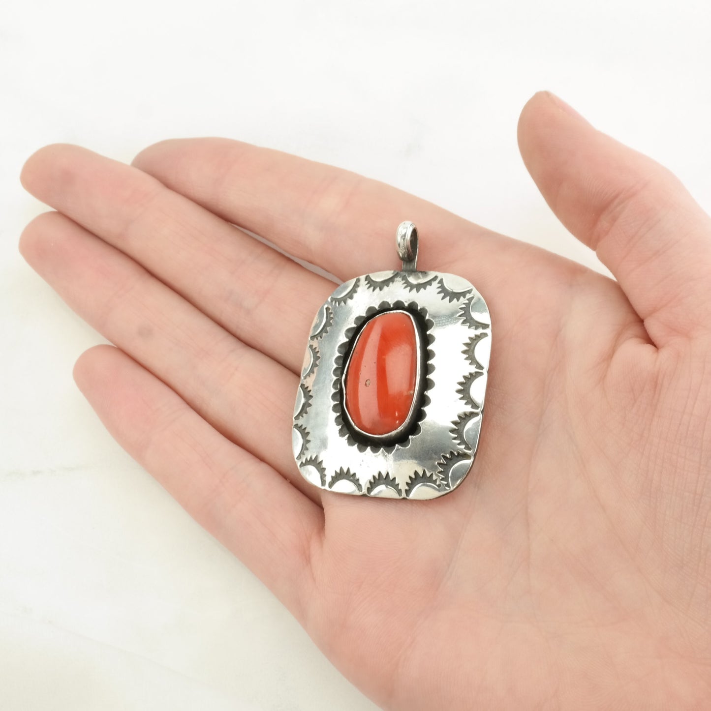 Vintage Native American Coral Stamped Sterling Silver Pendant